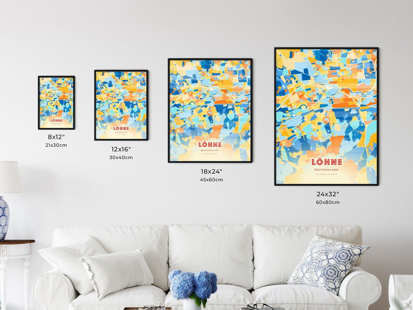 Colorful LOHNE GERMANY Fine Art Map Blue Orange