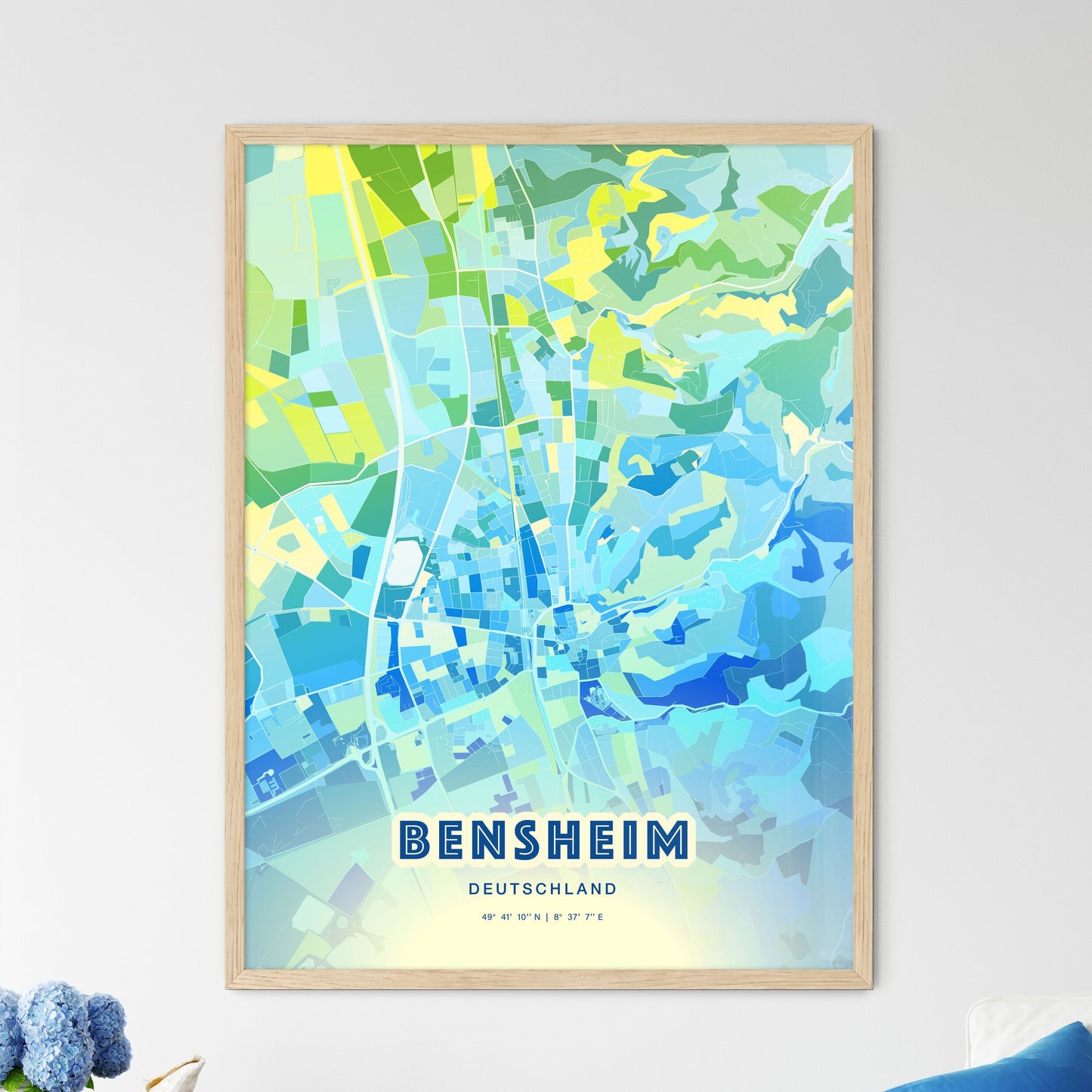 Colorful BENSHEIM GERMANY Fine Art Map Cool Blue