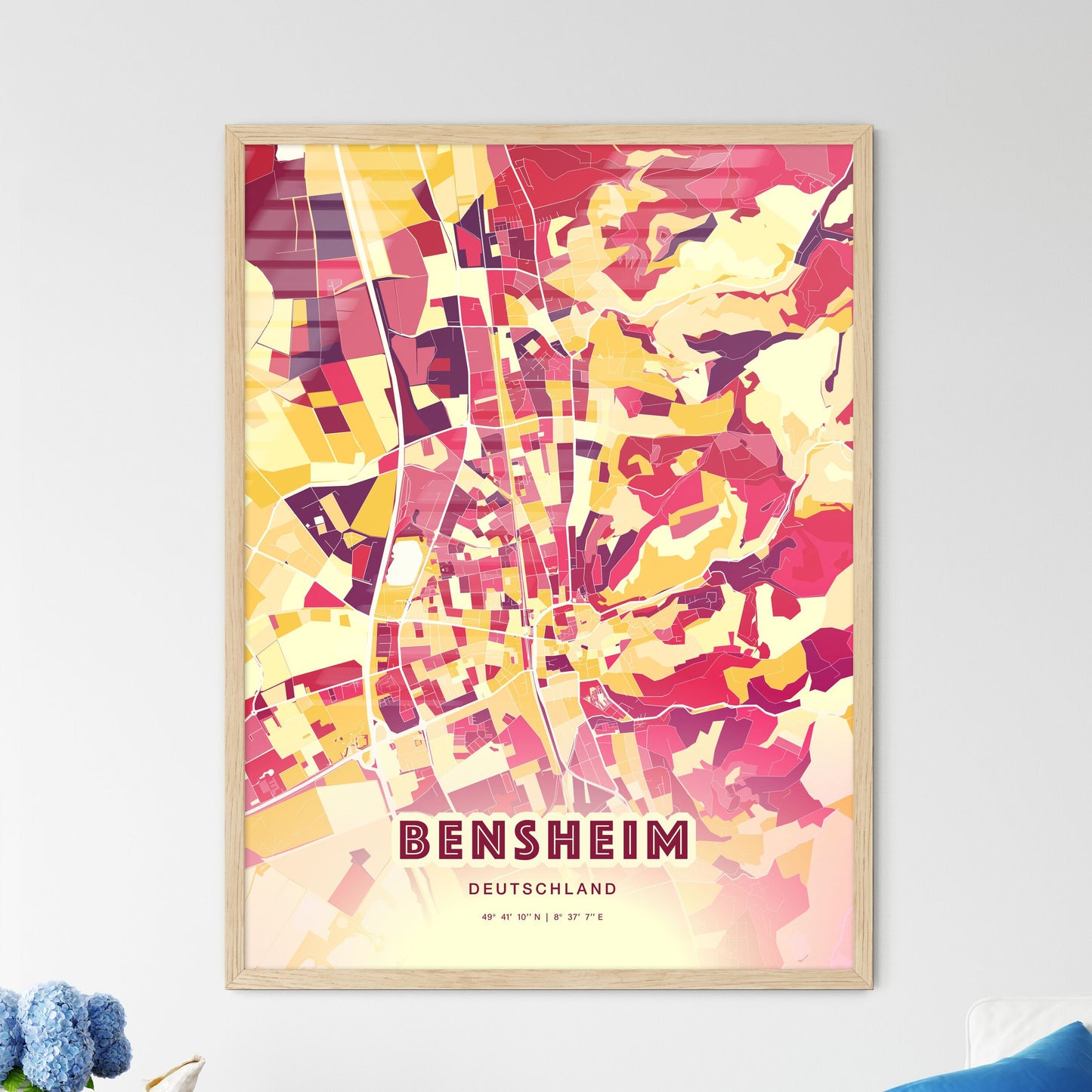 Colorful BENSHEIM GERMANY Fine Art Map Hot Red