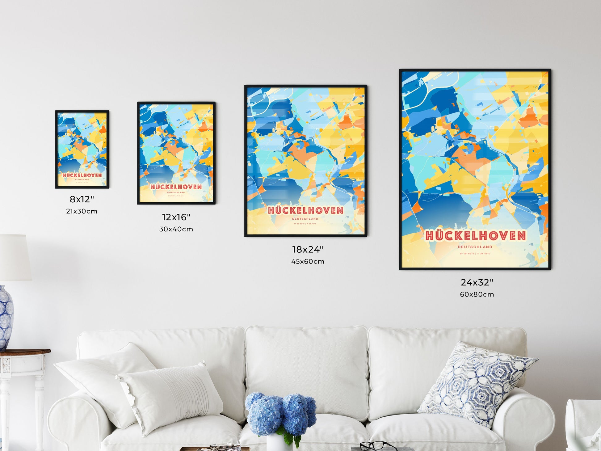 Colorful HUCKELHOVEN GERMANY Fine Art Map Blue Orange