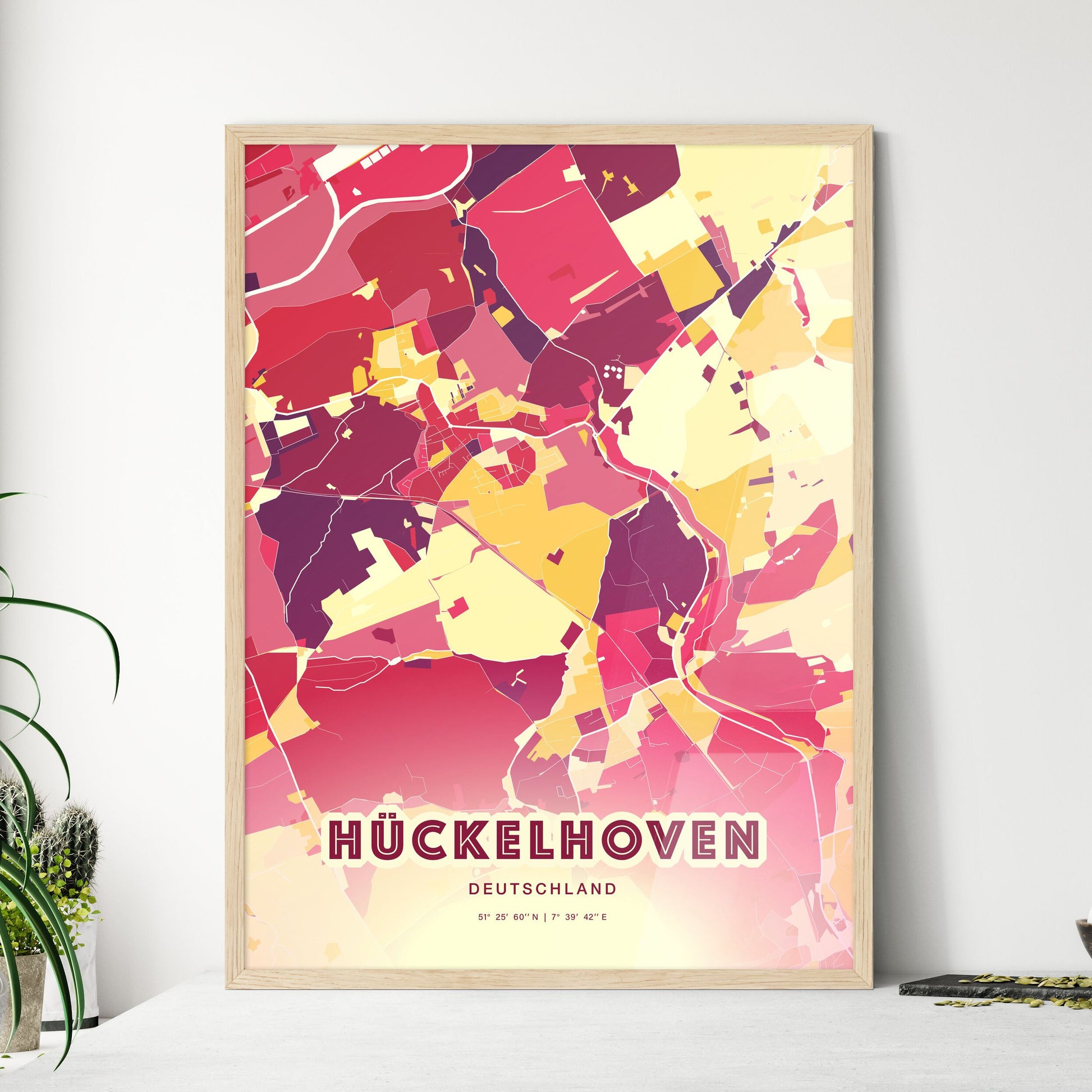 Colorful HUCKELHOVEN GERMANY Fine Art Map Hot Red