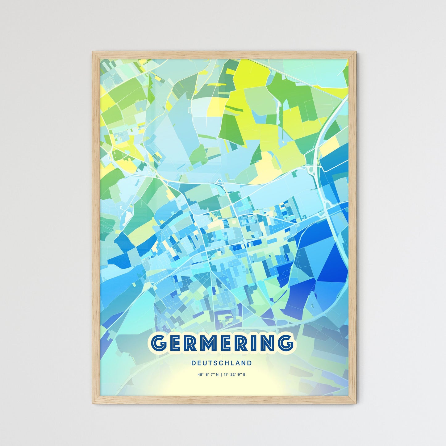 Colorful GERMERING GERMANY Fine Art Map Cool Blue