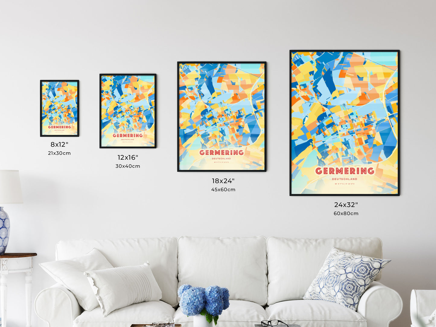 Colorful GERMERING GERMANY Fine Art Map Blue Orange