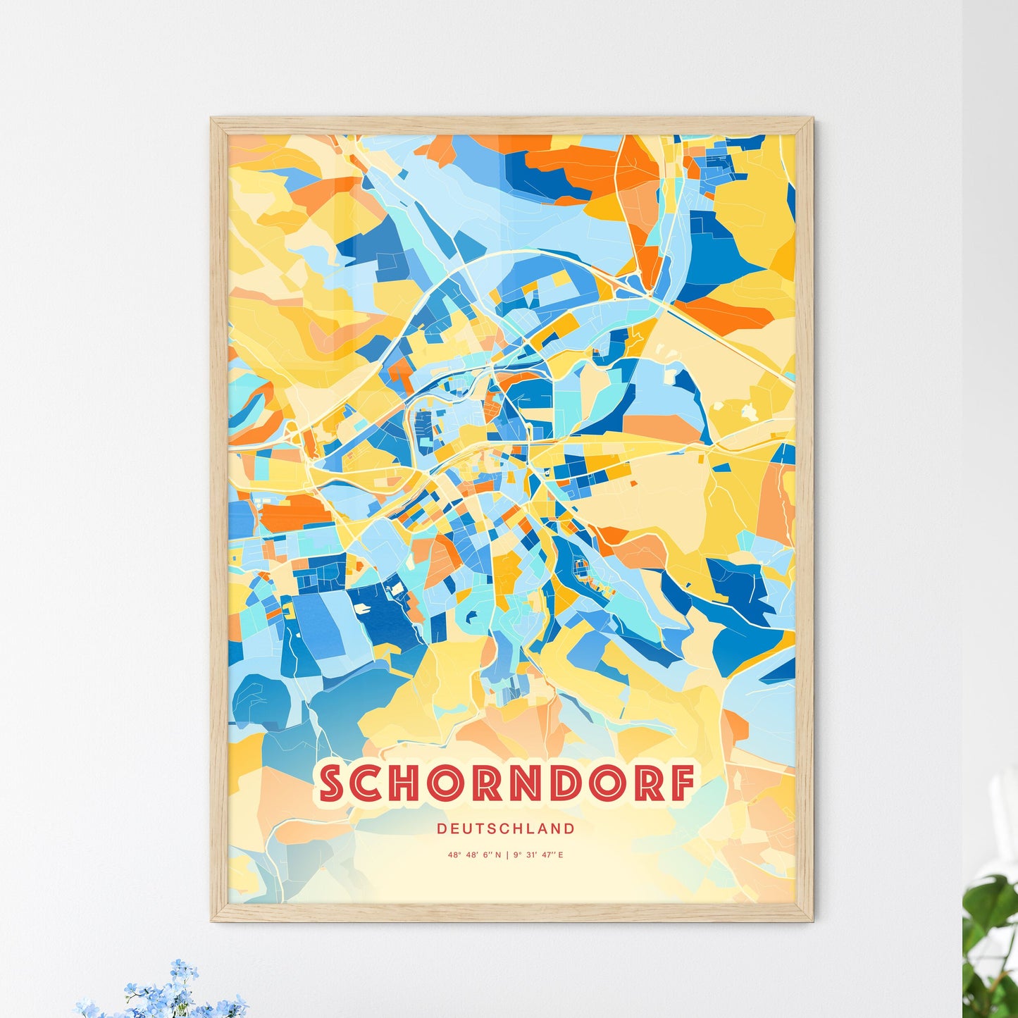 Colorful SCHORNDORF GERMANY Fine Art Map Blue Orange