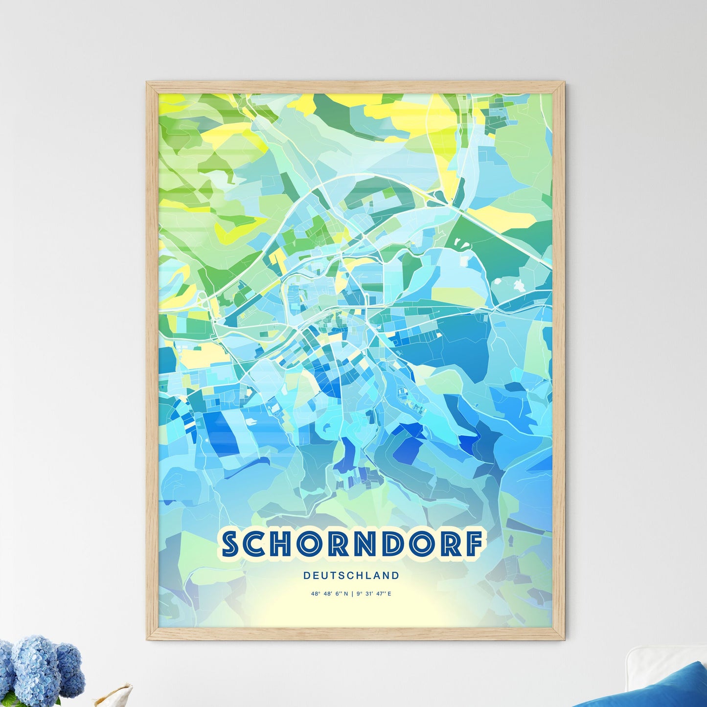 Colorful SCHORNDORF GERMANY Fine Art Map Cool Blue