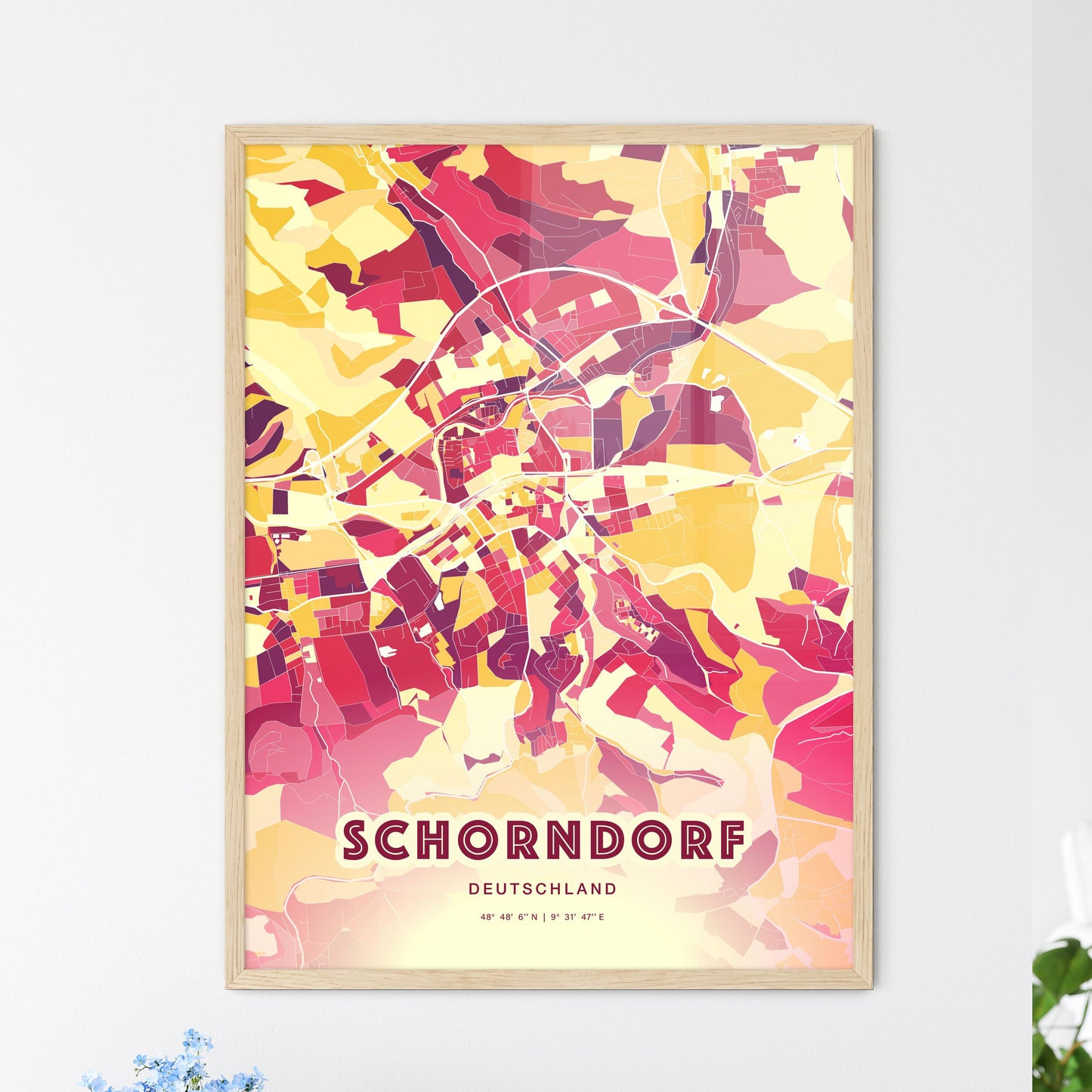Colorful SCHORNDORF GERMANY Fine Art Map Hot Red