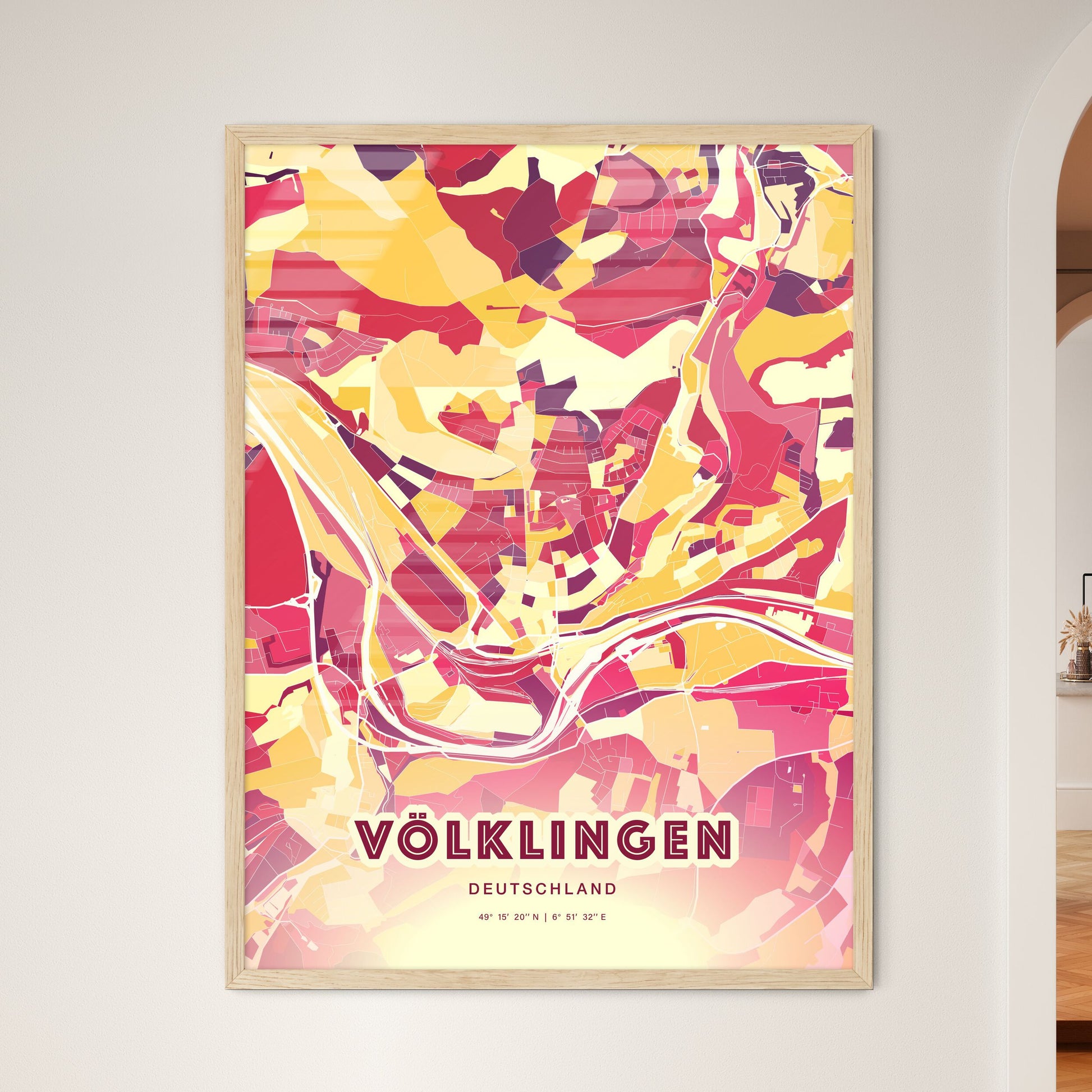 Colorful VOLKLINGEN GERMANY Fine Art Map Hot Red