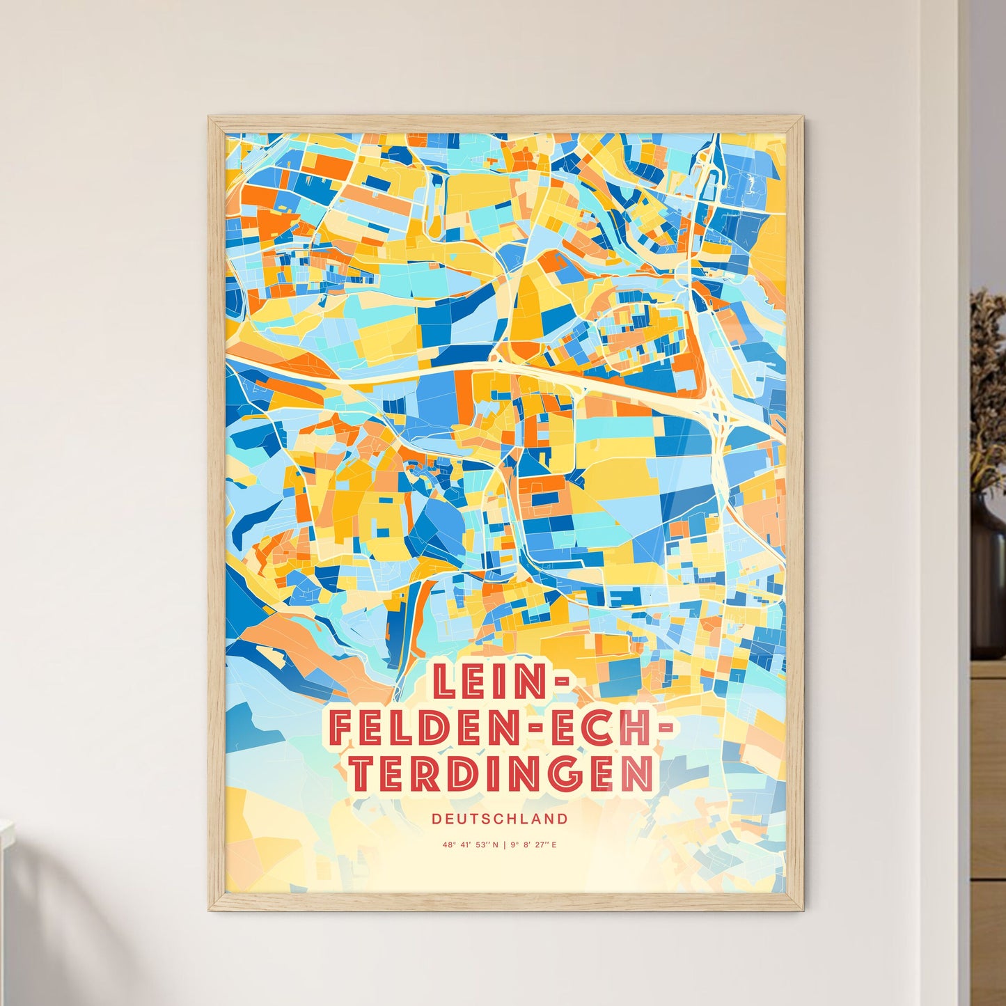 Colorful LEINFELDEN-ECHTERDINGEN GERMANY Fine Art Map Blue Orange