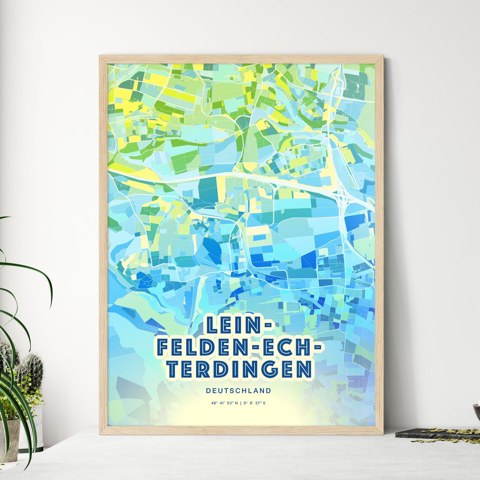 Colorful LEINFELDEN-ECHTERDINGEN GERMANY Fine Art Map Cool Blue