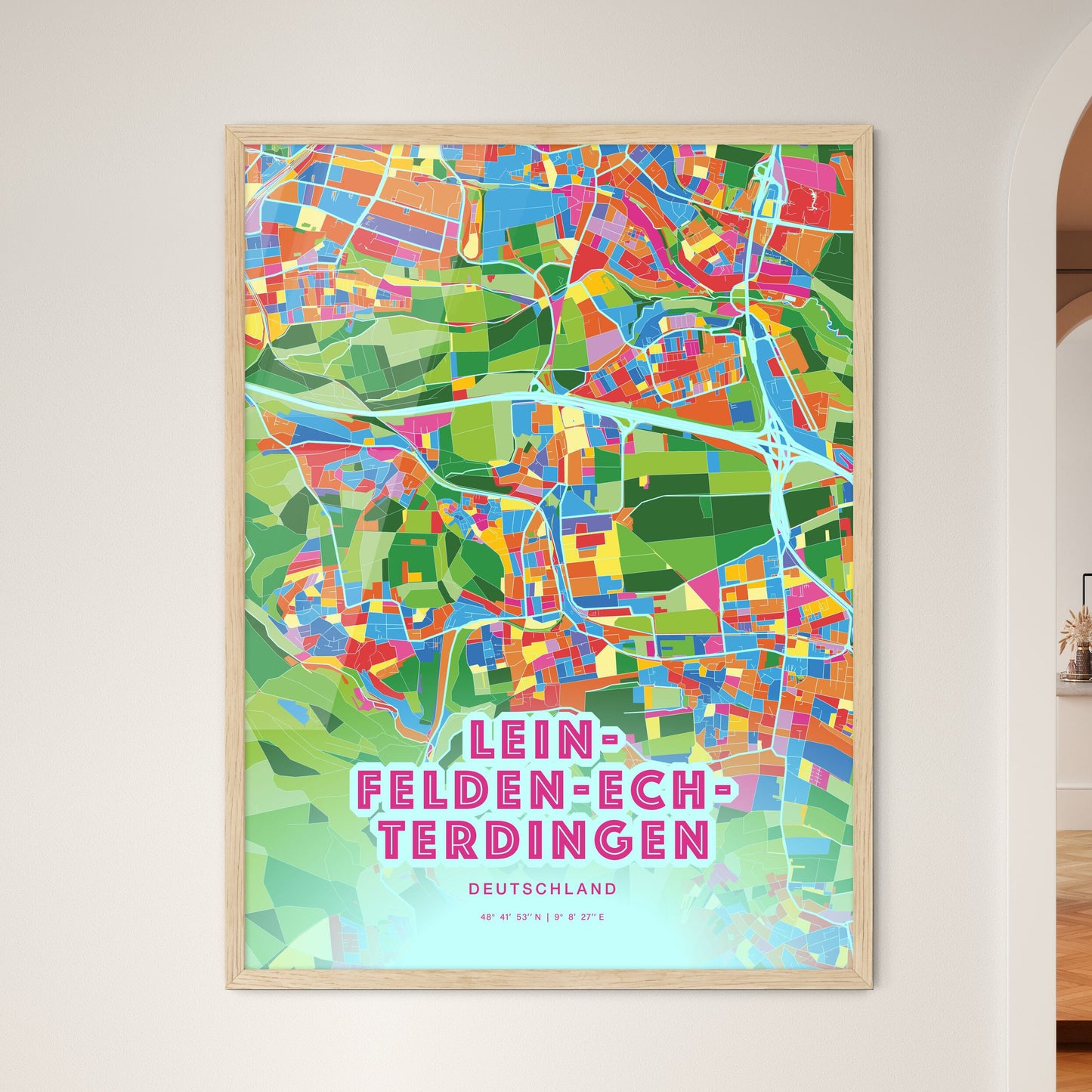 Colorful LEINFELDEN-ECHTERDINGEN GERMANY Fine Art Map Crazy Colors