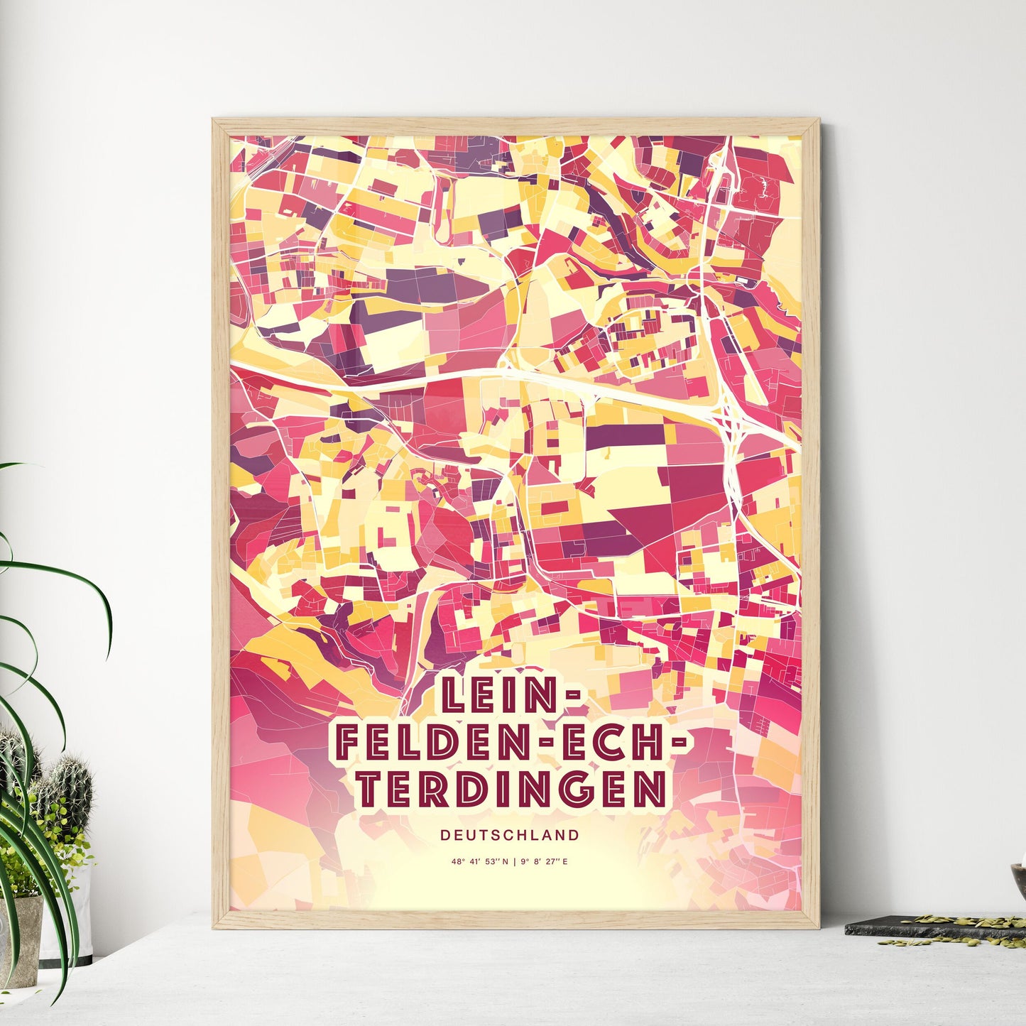 Colorful LEINFELDEN-ECHTERDINGEN GERMANY Fine Art Map Hot Red