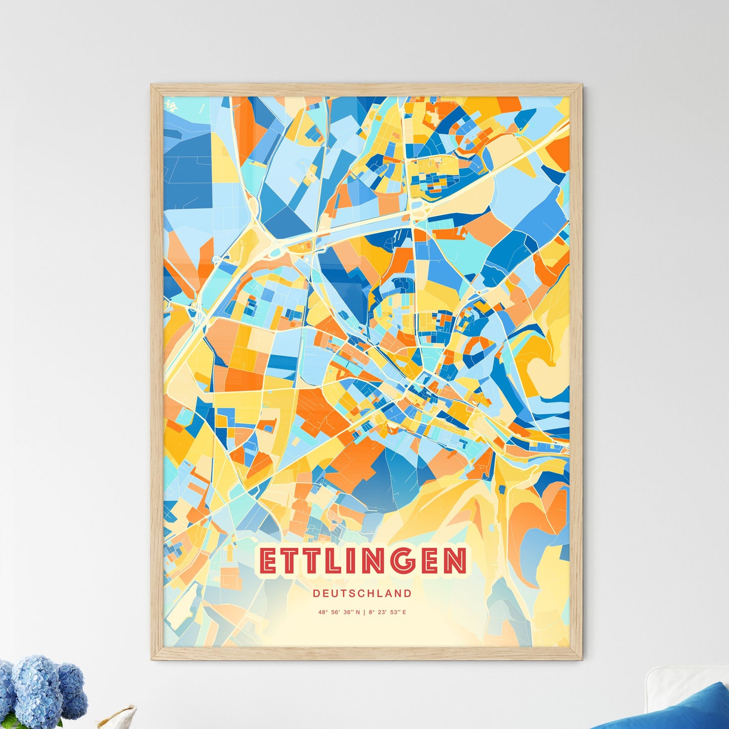 Colorful ETTLINGEN GERMANY Fine Art Map Blue Orange