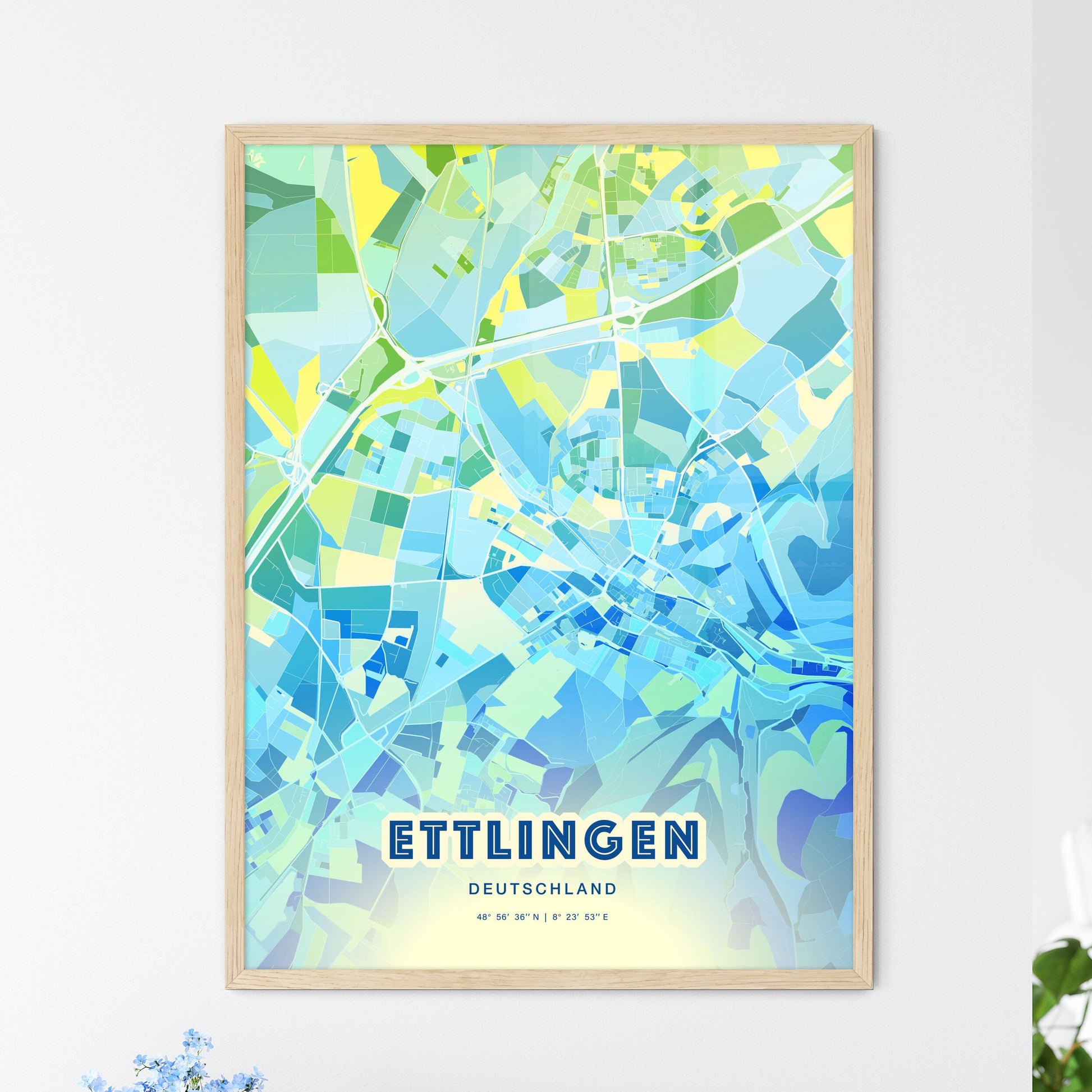 Colorful ETTLINGEN GERMANY Fine Art Map Cool Blue