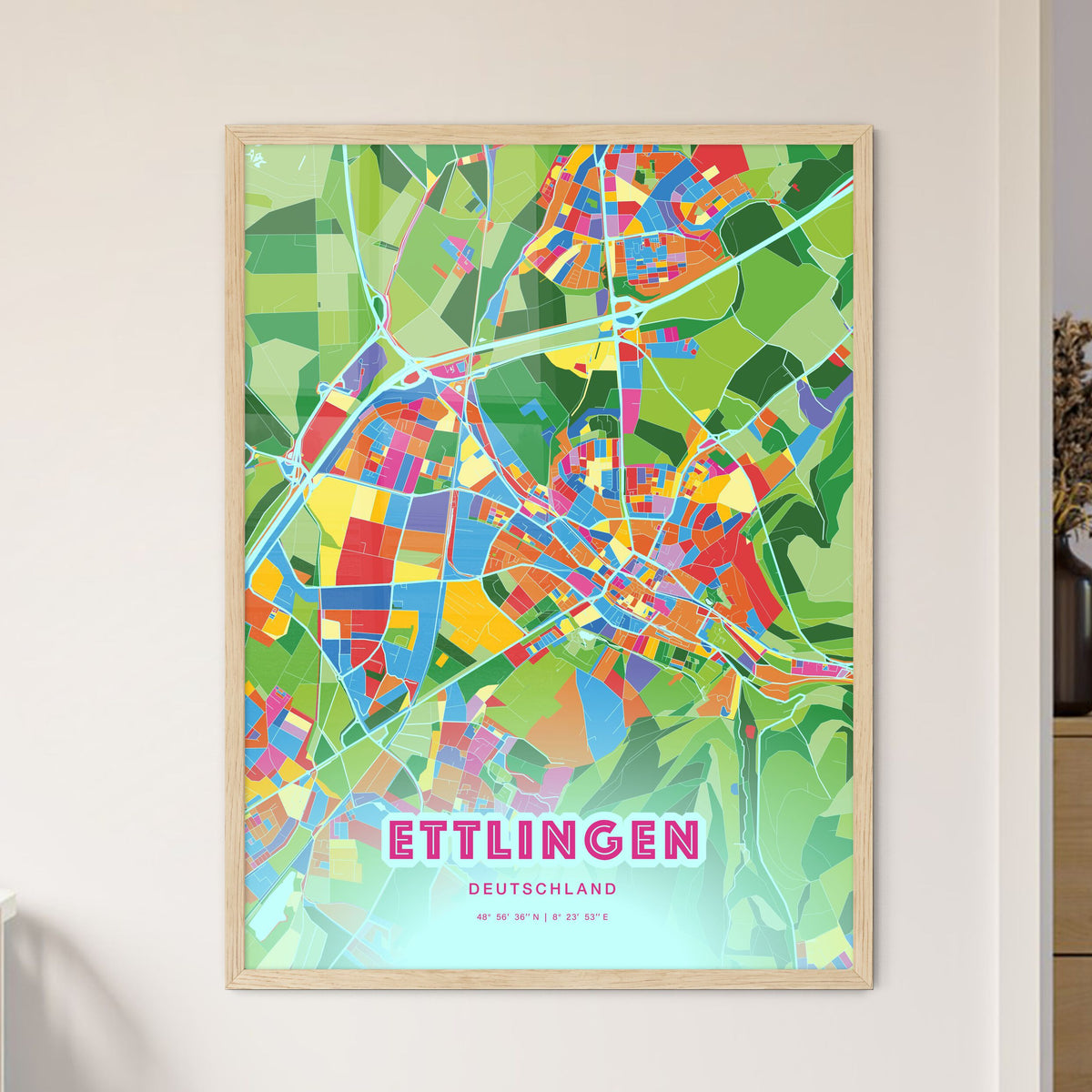 Colorful ETTLINGEN GERMANY Fine Art Map Crazy Colors