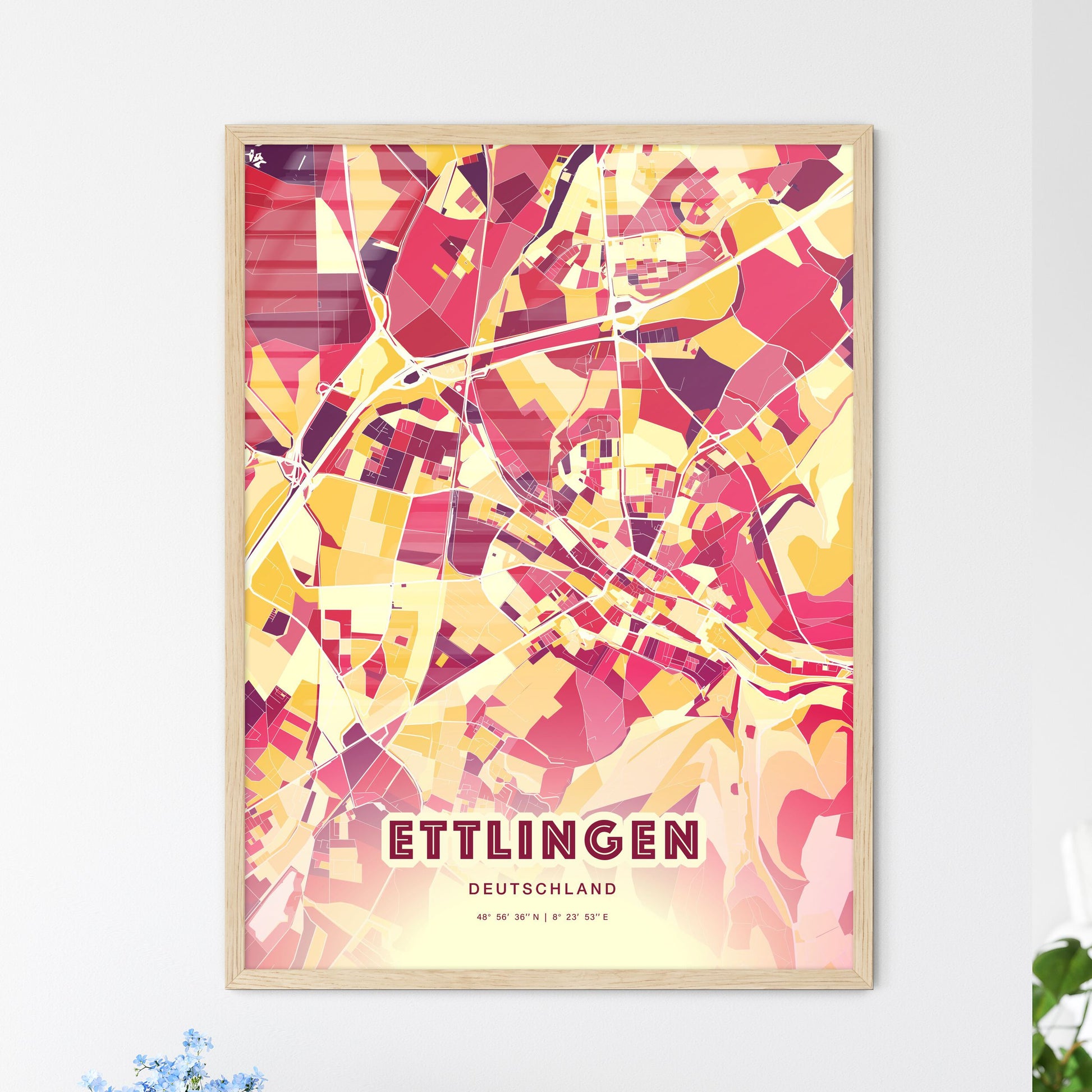 Colorful ETTLINGEN GERMANY Fine Art Map Hot Red