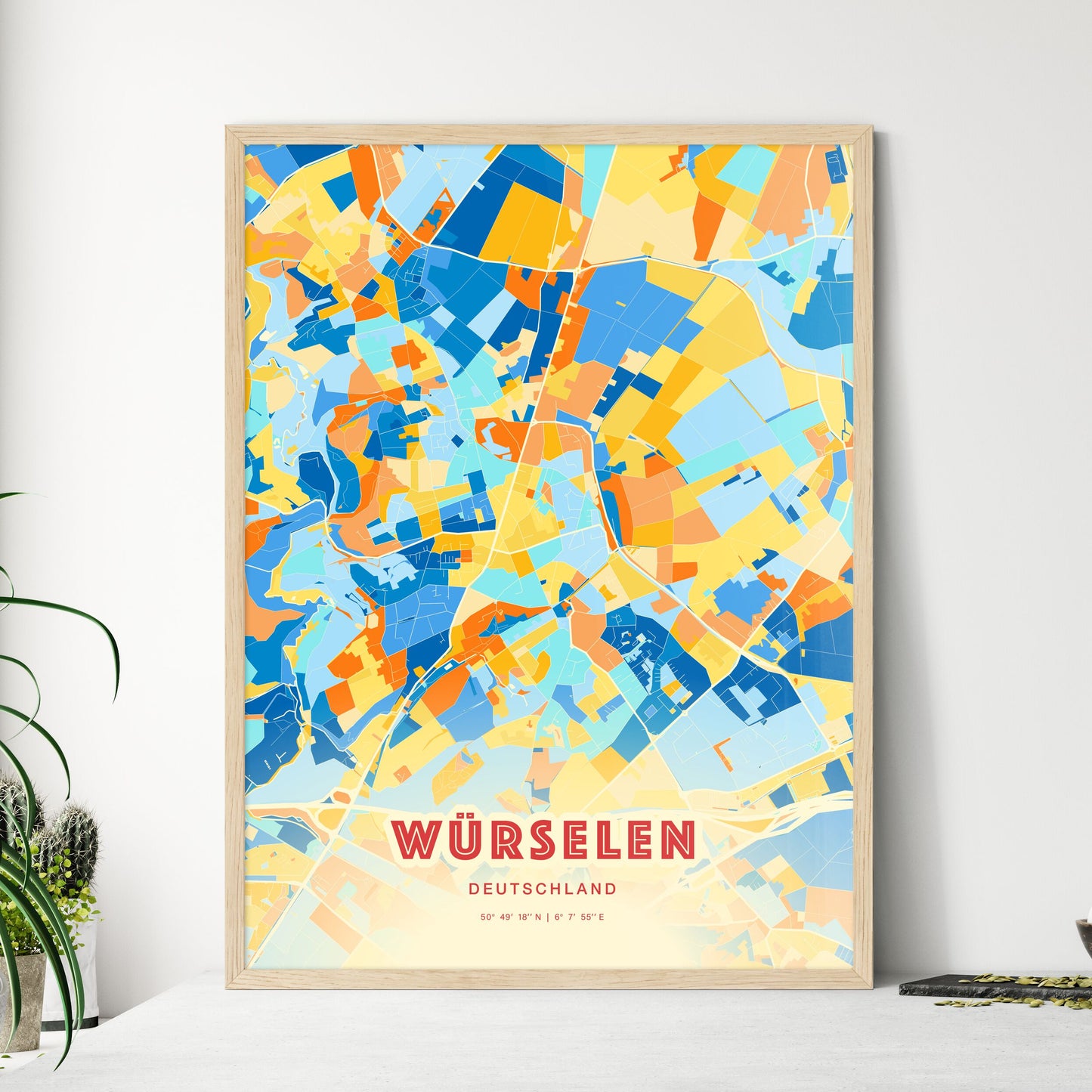 Colorful WURSELEN GERMANY Fine Art Map Blue Orange