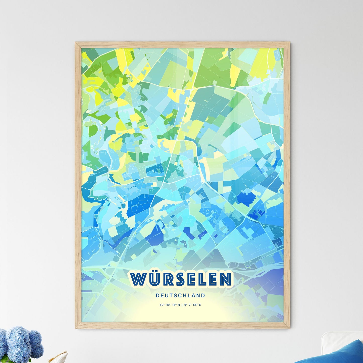 Colorful WURSELEN GERMANY Fine Art Map Cool Blue