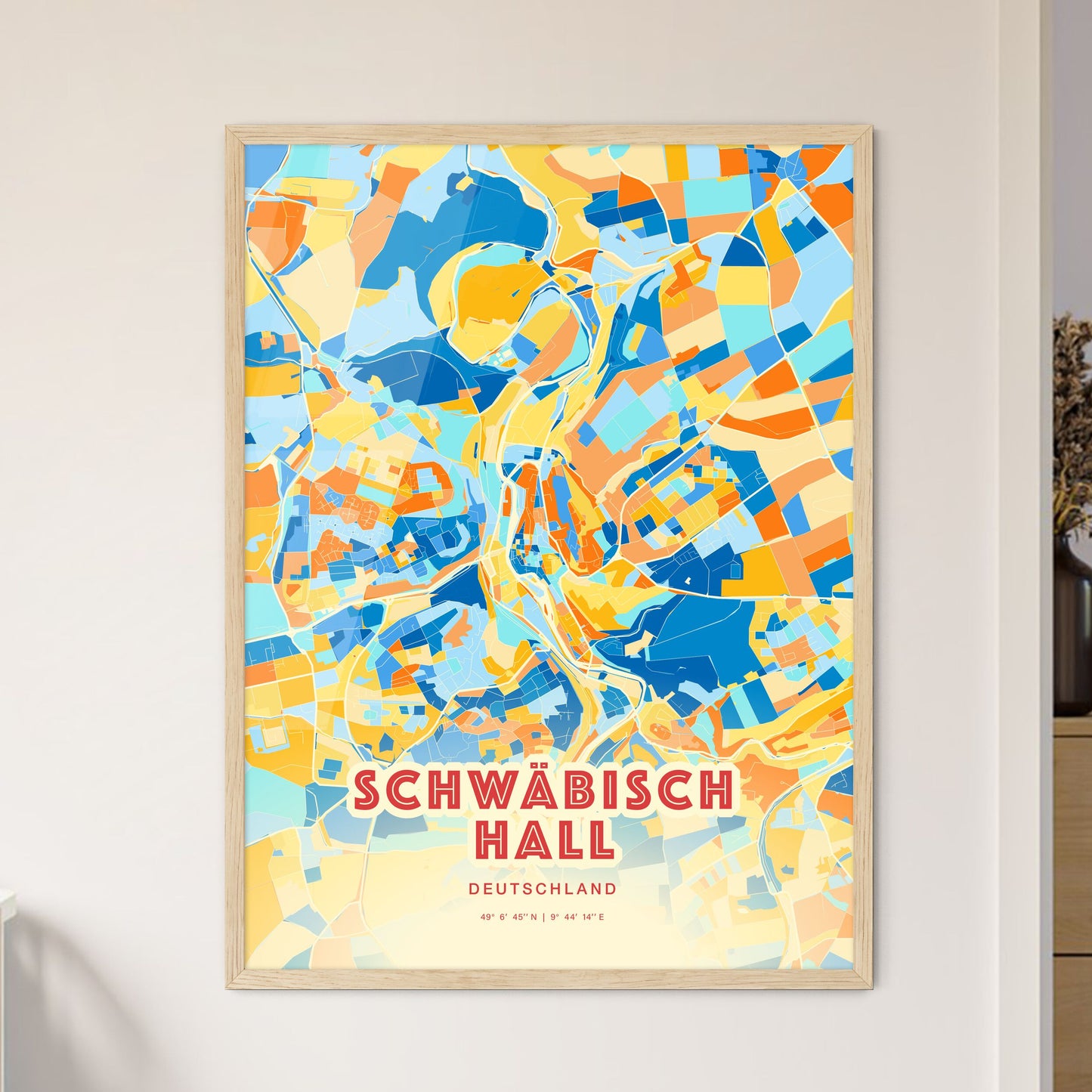 Colorful SCHWABISCH HALL GERMANY Fine Art Map Blue Orange