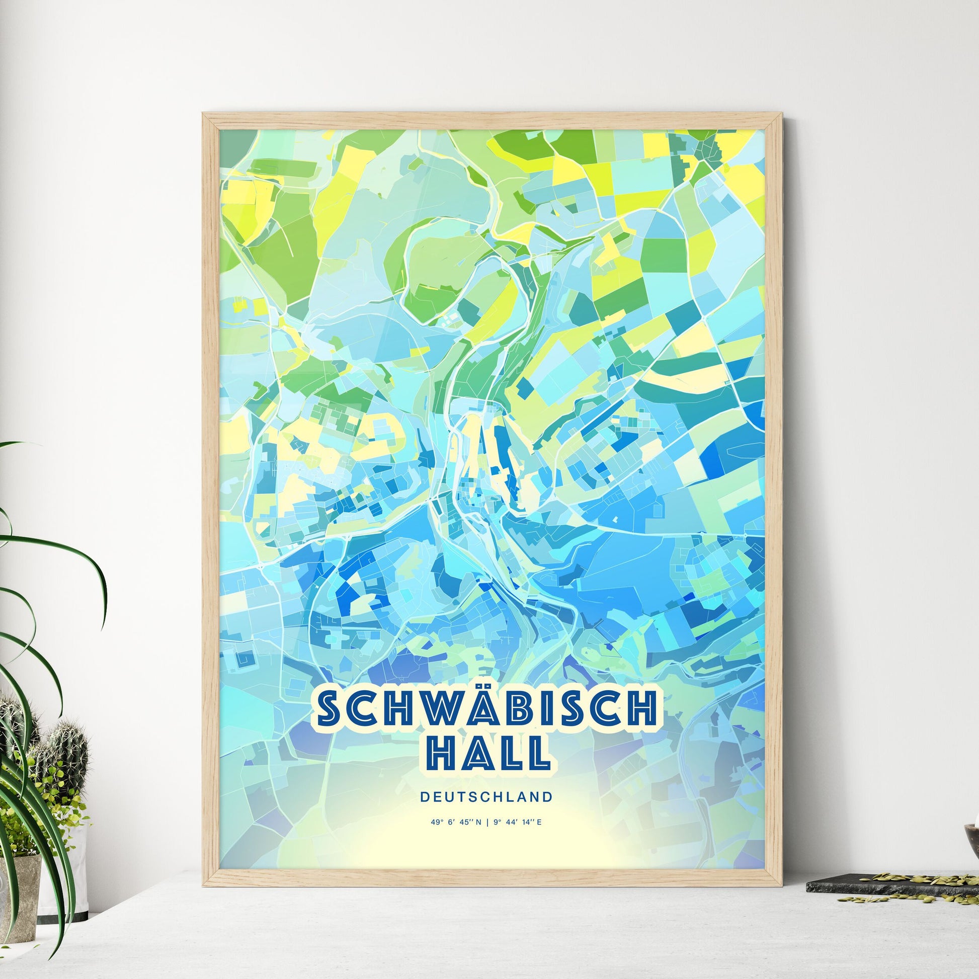 Colorful SCHWABISCH HALL GERMANY Fine Art Map Cool Blue