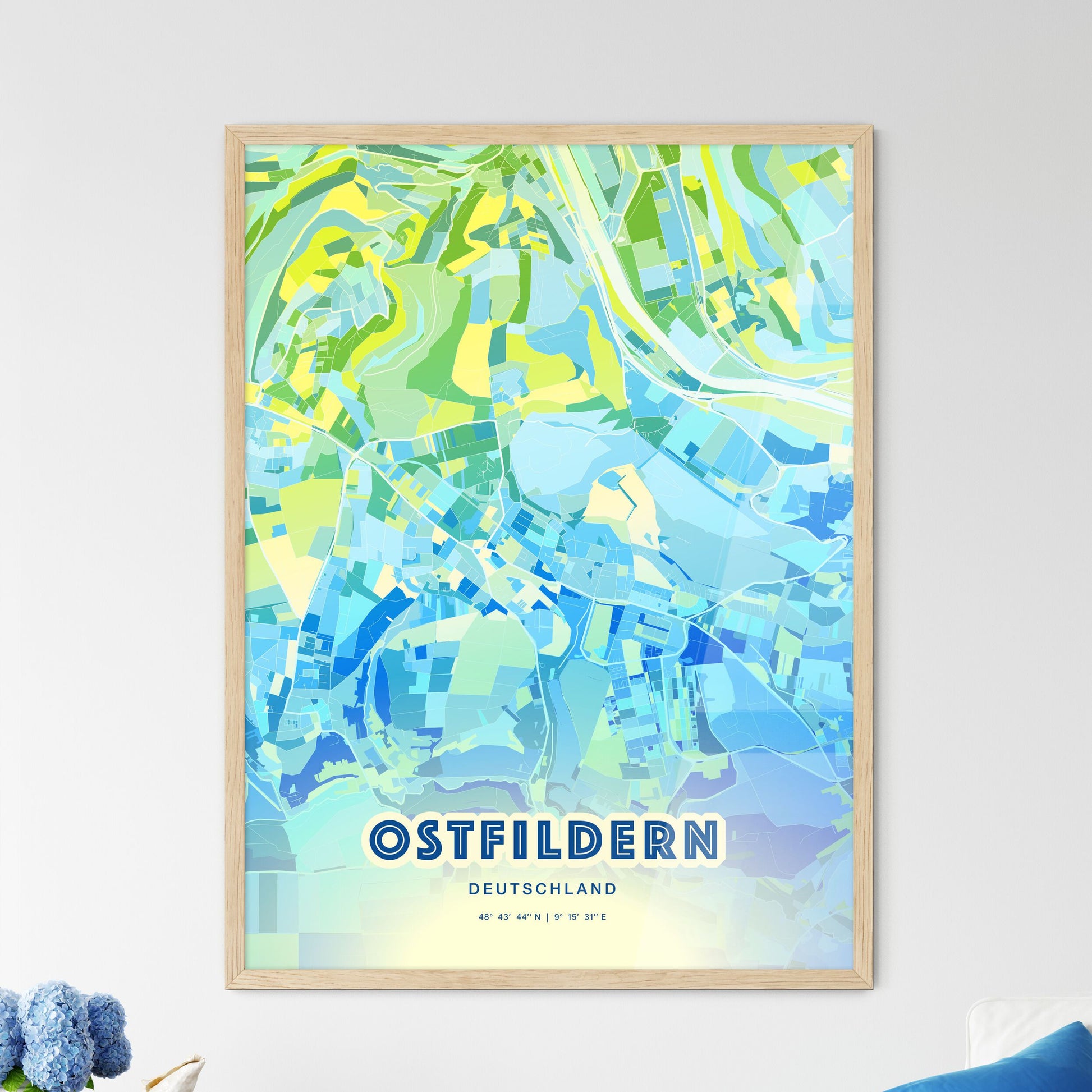 Colorful OSTFILDERN GERMANY Fine Art Map Cool Blue