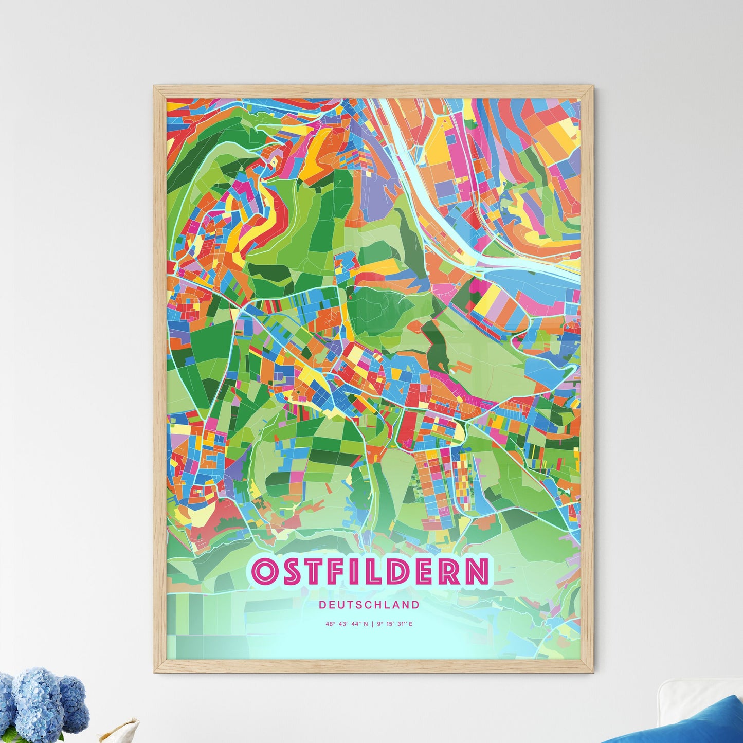Colorful OSTFILDERN GERMANY Fine Art Map Crazy Colors
