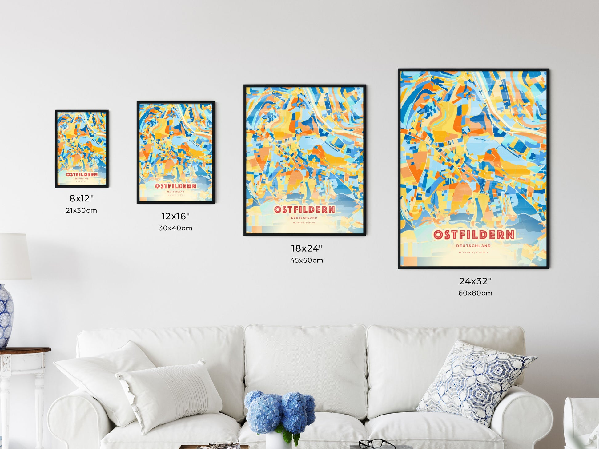 Colorful OSTFILDERN GERMANY Fine Art Map Blue Orange