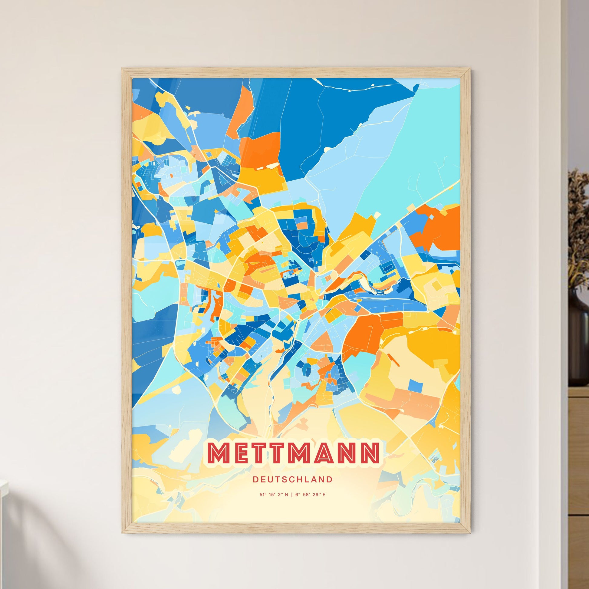 Colorful METTMANN GERMANY Fine Art Map Blue Orange