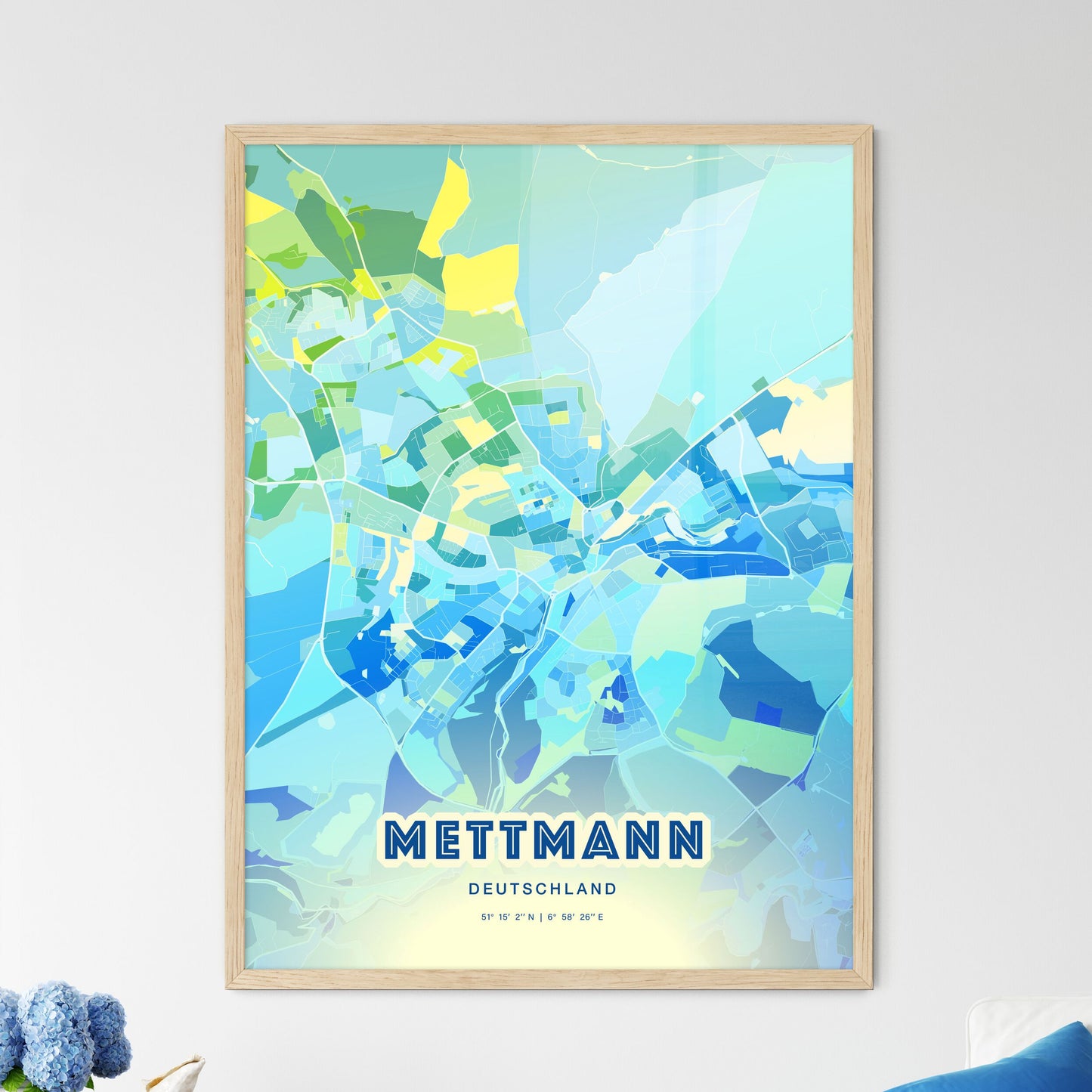 Colorful METTMANN GERMANY Fine Art Map Cool Blue