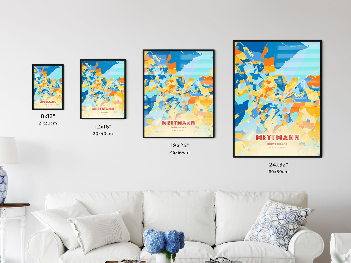 Colorful METTMANN GERMANY Fine Art Map Blue Orange