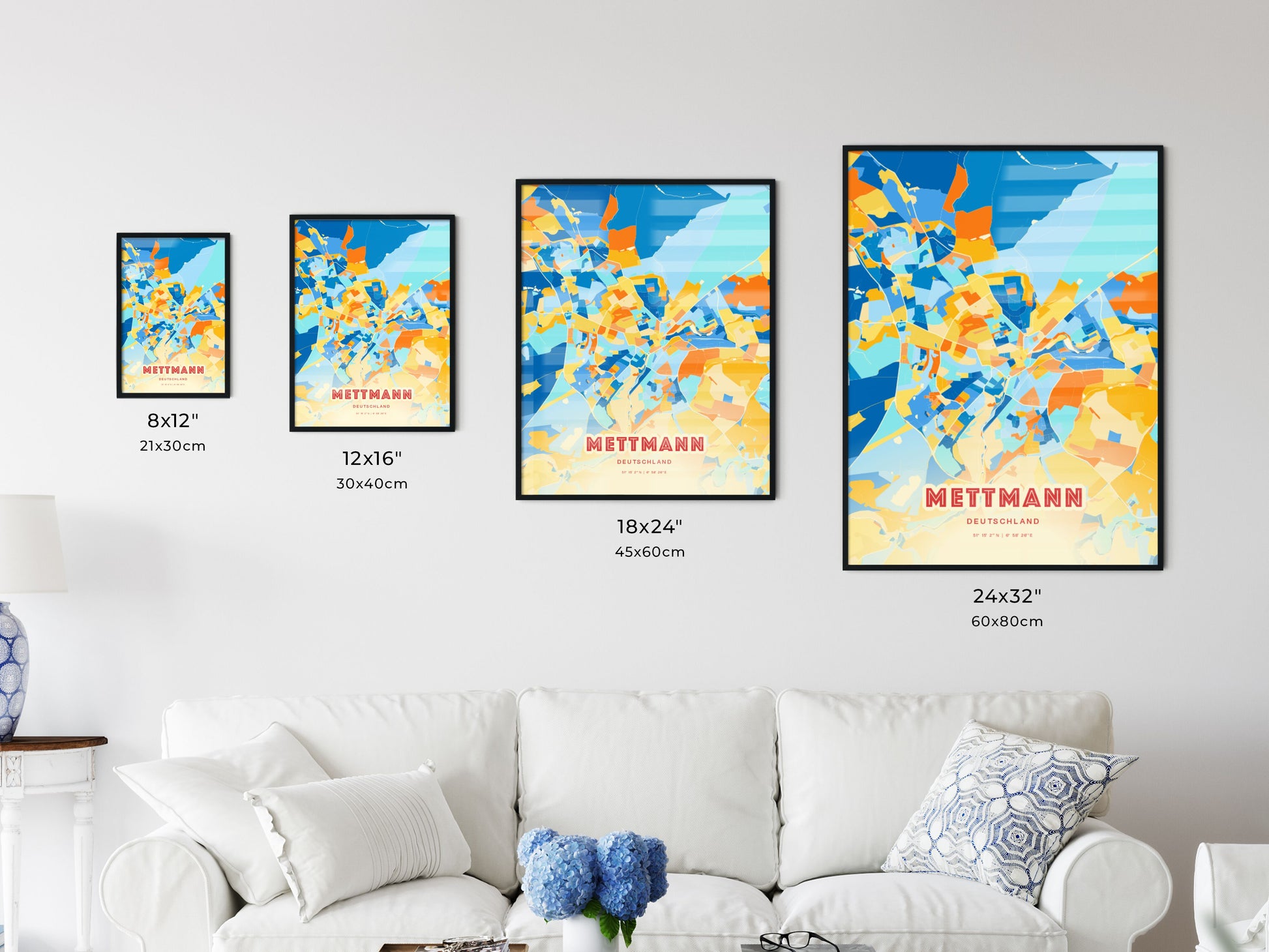 Colorful METTMANN GERMANY Fine Art Map Blue Orange