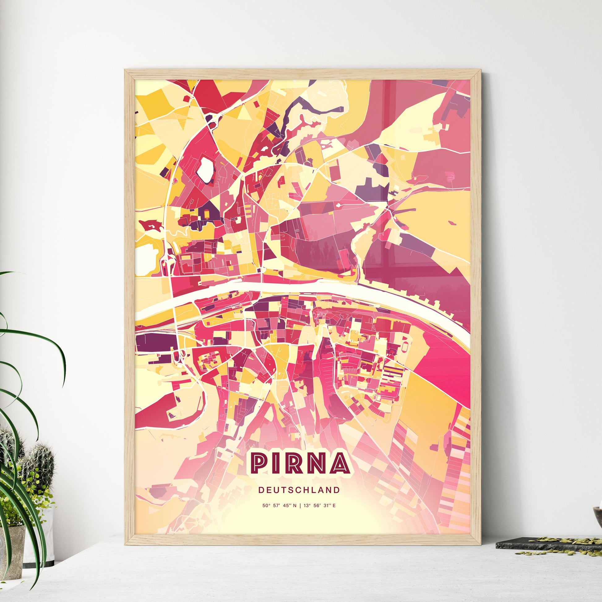 Colorful PIRNA GERMANY Fine Art Map Hot Red