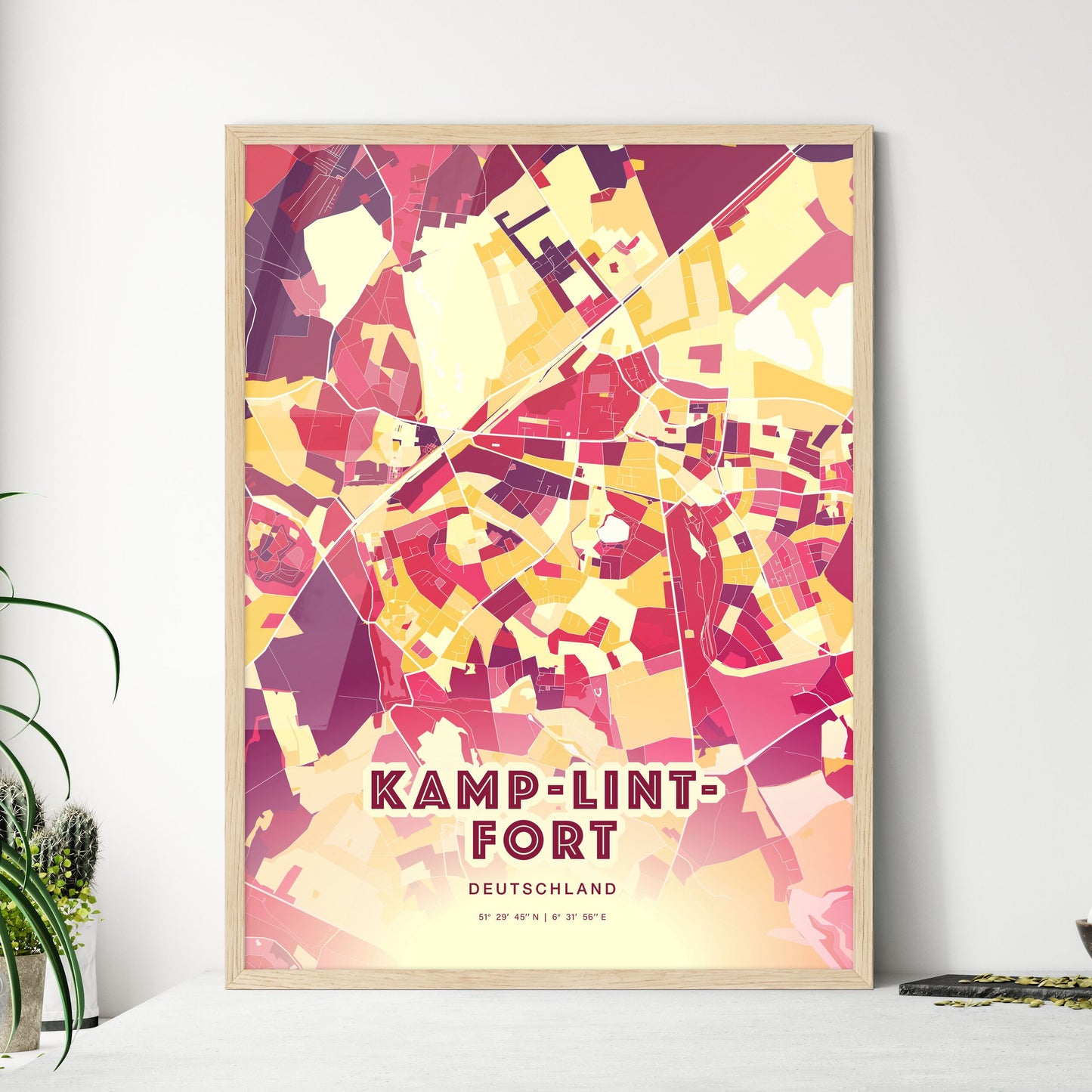 Colorful KAMP-LINTFORT GERMANY Fine Art Map Hot Red