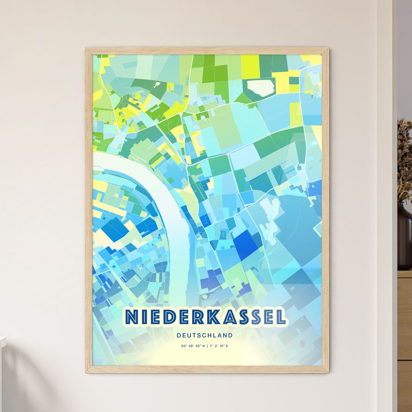 Colorful NIEDERKASSEL GERMANY Fine Art Map Cool Blue