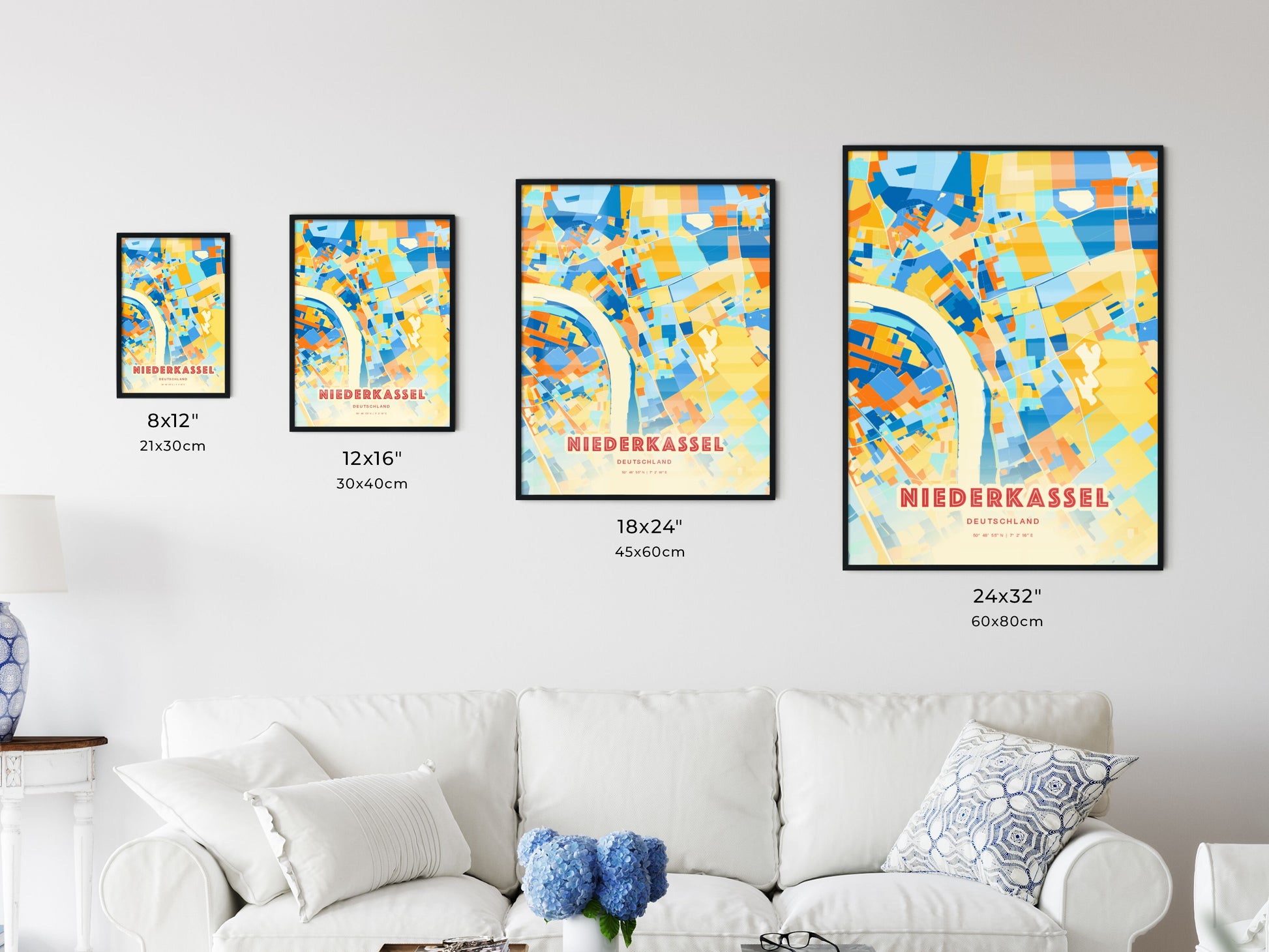 Colorful NIEDERKASSEL GERMANY Fine Art Map Blue Orange