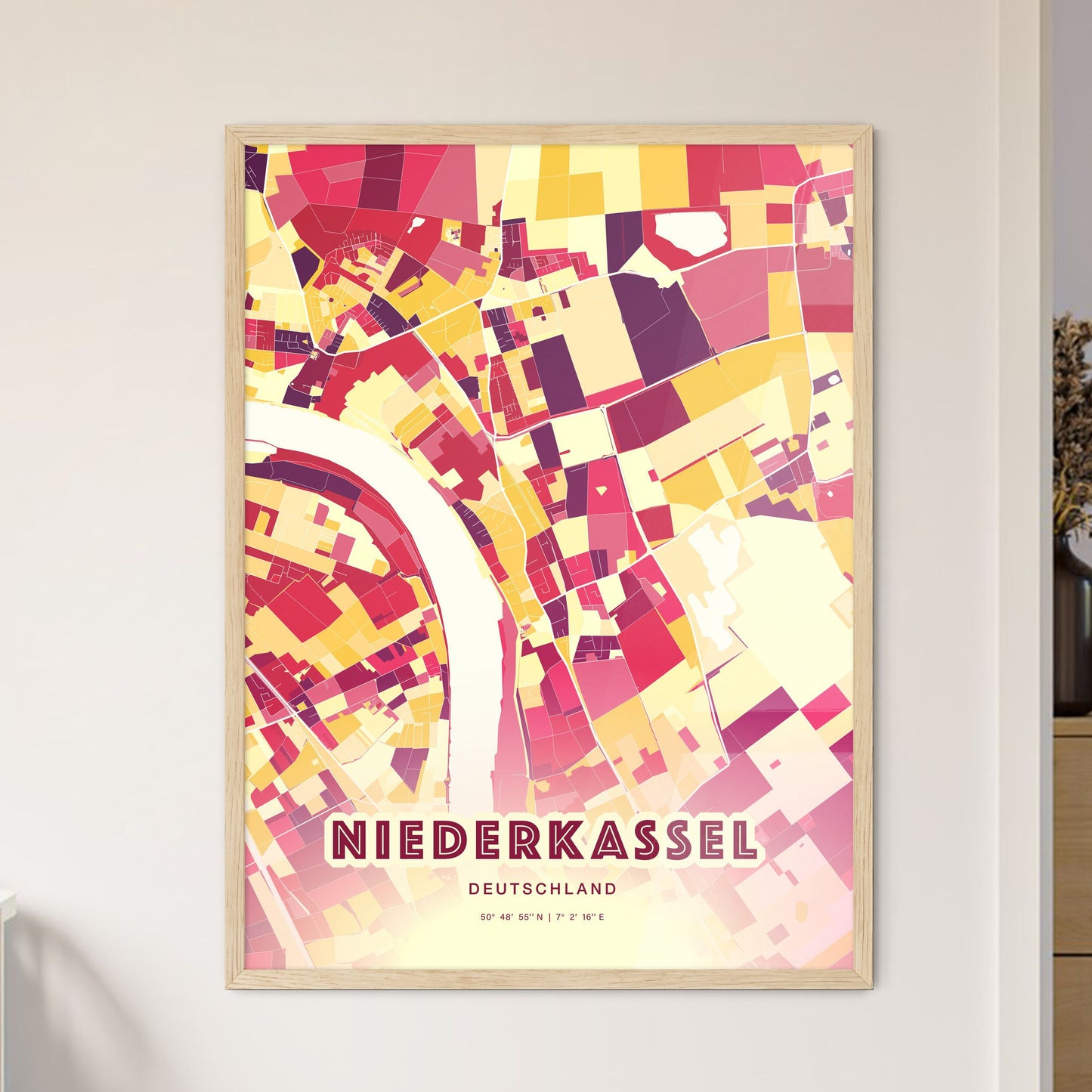 Colorful NIEDERKASSEL GERMANY Fine Art Map Hot Red