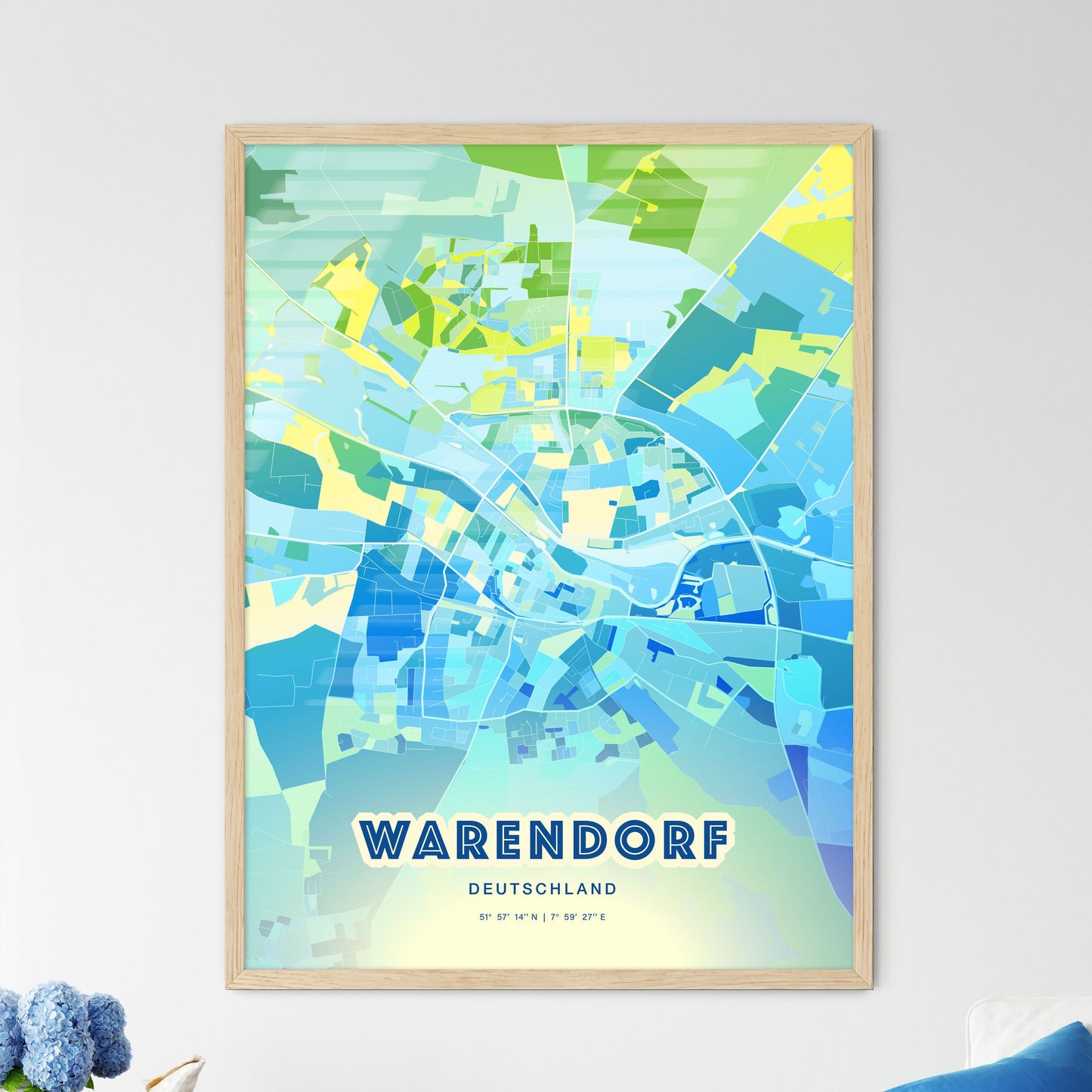 Colorful WARENDORF GERMANY Fine Art Map Cool Blue