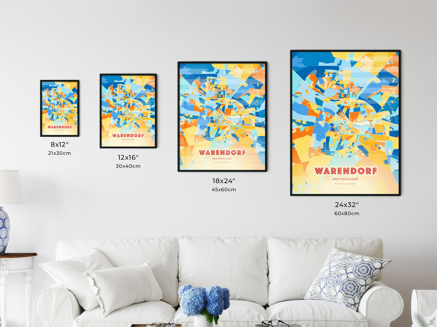 Colorful WARENDORF GERMANY Fine Art Map Blue Orange