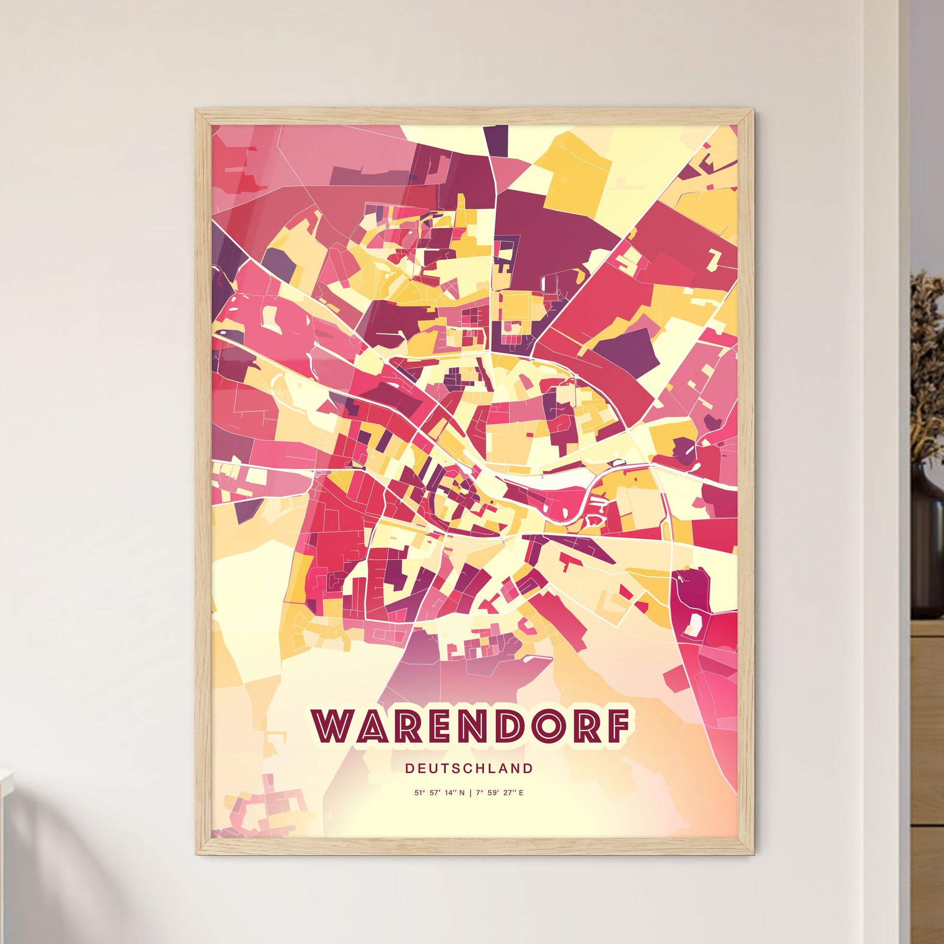 Colorful WARENDORF GERMANY Fine Art Map Hot Red