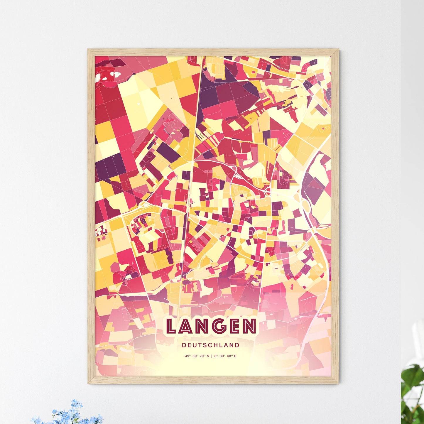 Colorful LANGEN GERMANY Fine Art Map Hot Red