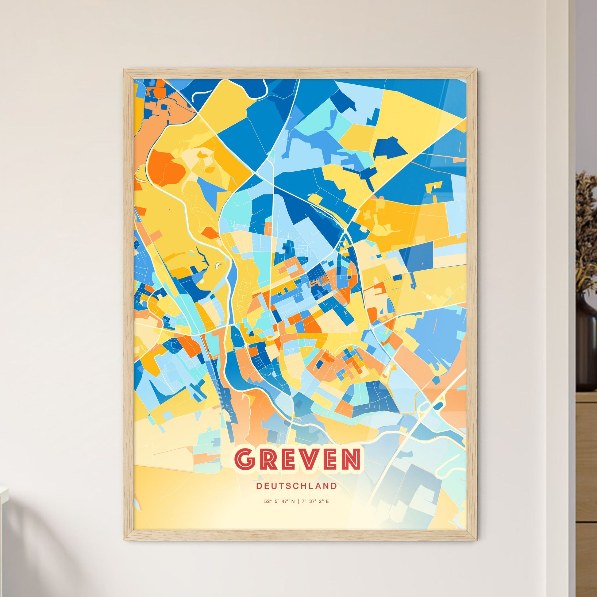 Colorful GREVEN GERMANY Fine Art Map Blue Orange