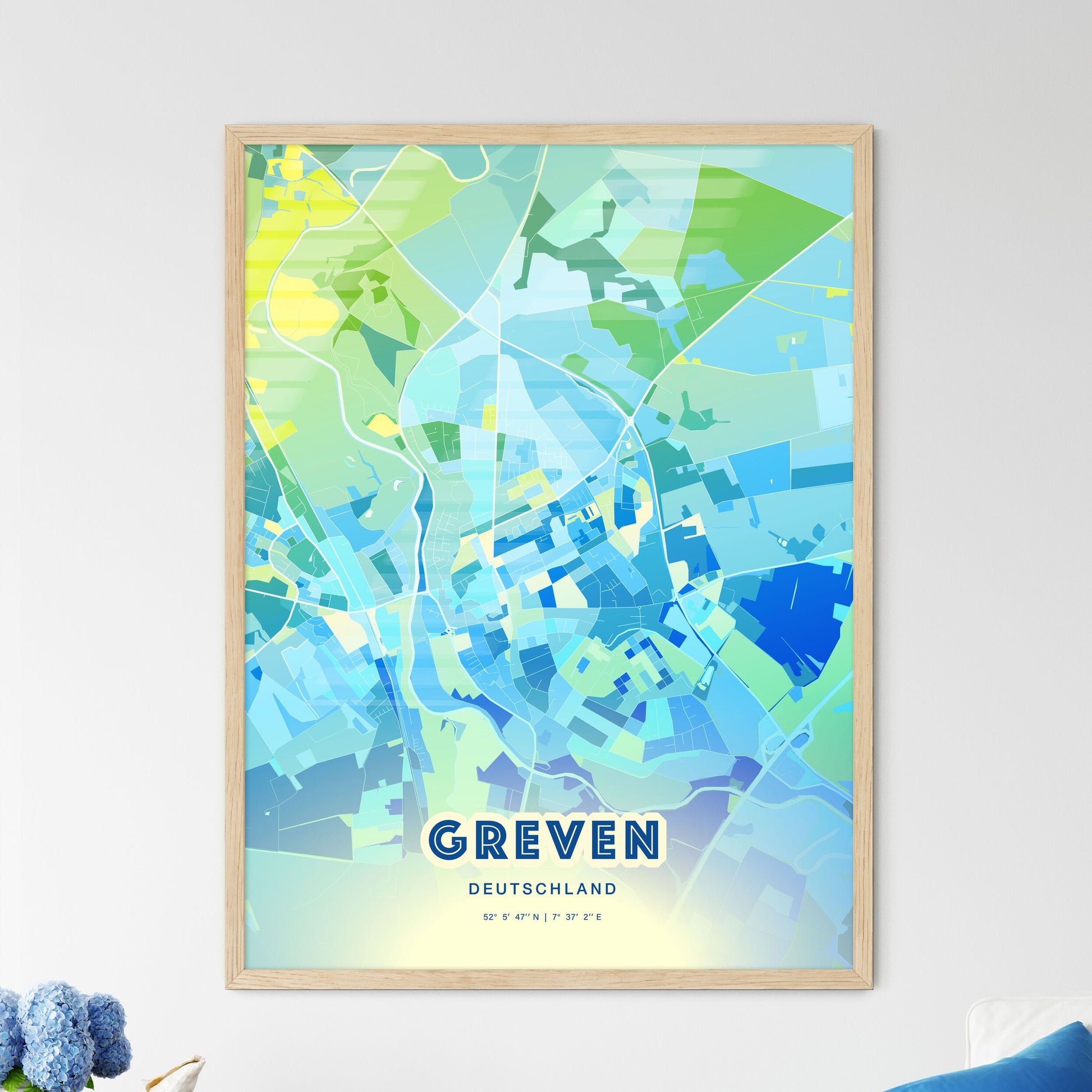 Colorful GREVEN GERMANY Fine Art Map Cool Blue