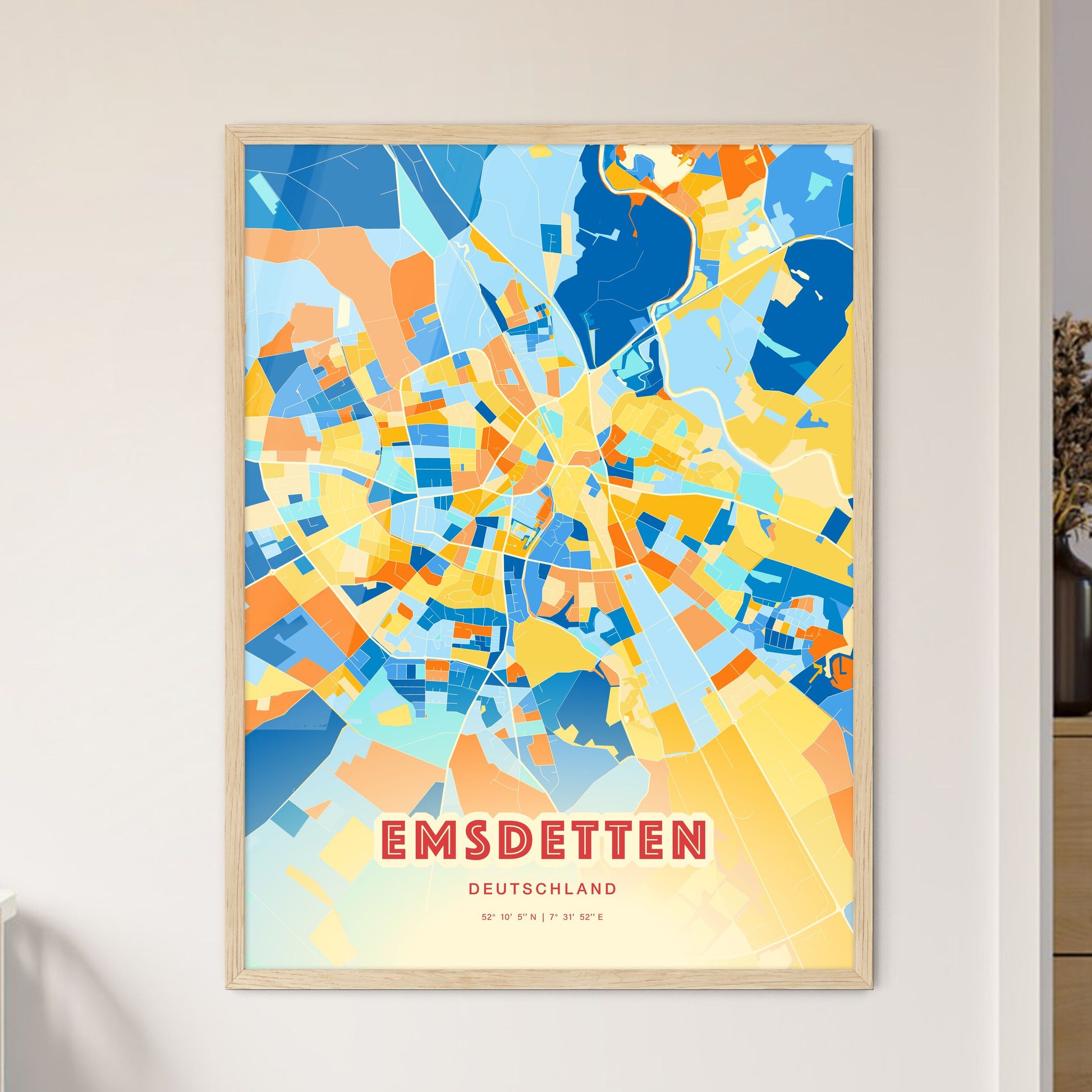 Colorful EMSDETTEN GERMANY Fine Art Map Blue Orange