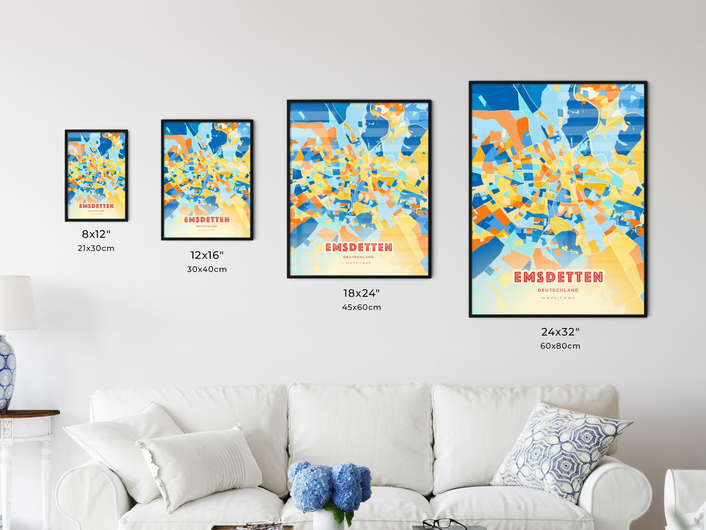 Colorful EMSDETTEN GERMANY Fine Art Map Blue Orange