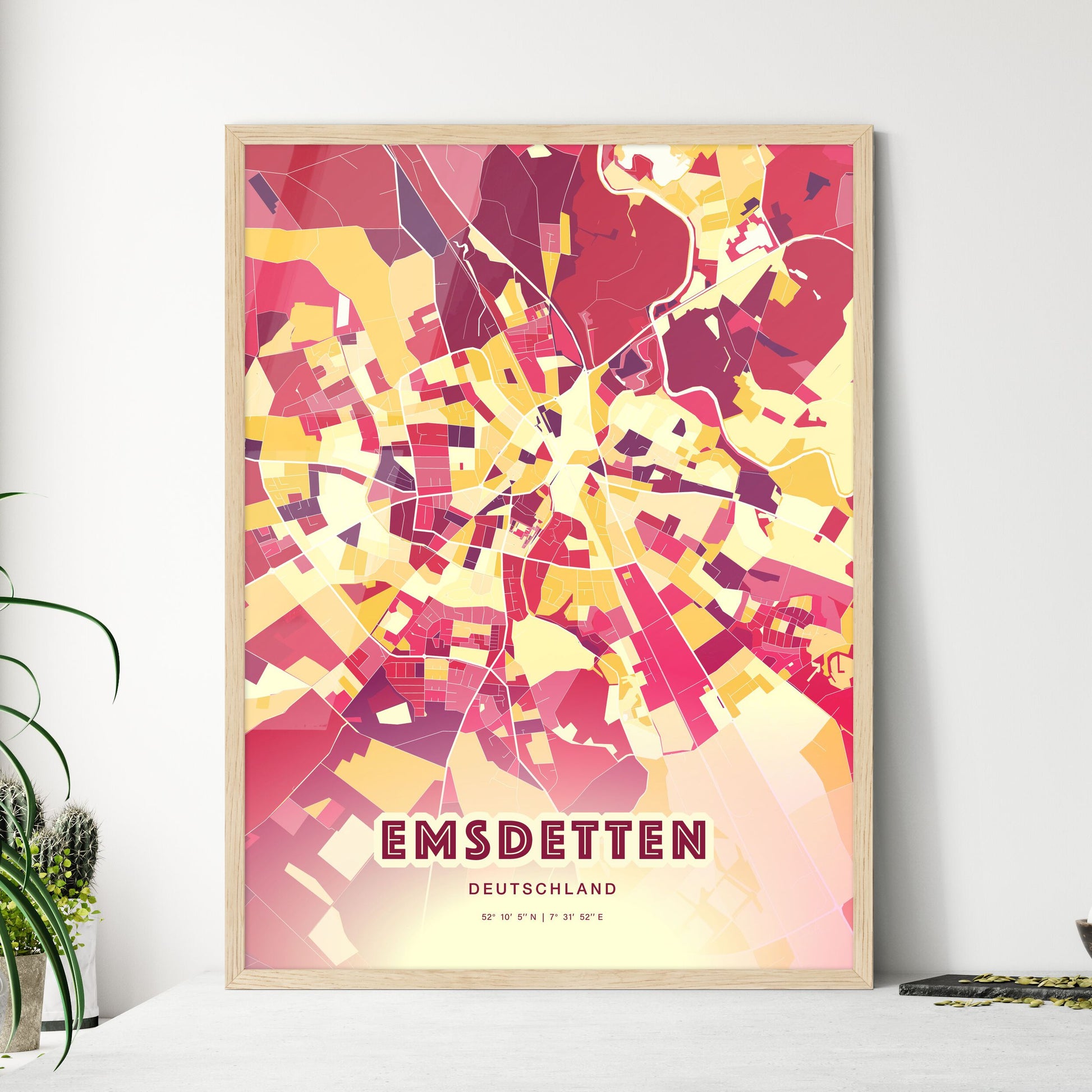 Colorful EMSDETTEN GERMANY Fine Art Map Hot Red