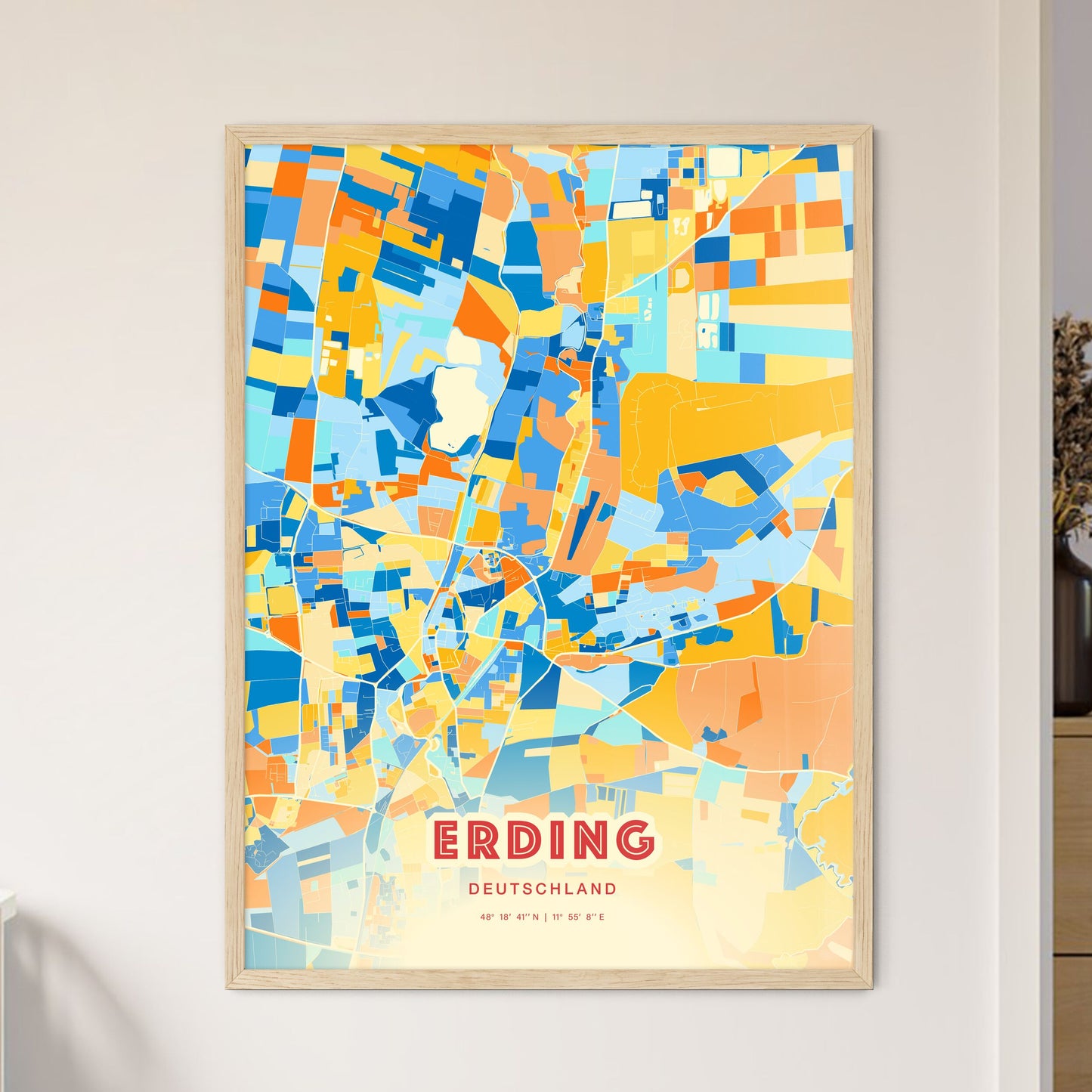 Colorful ERDING GERMANY Fine Art Map Blue Orange