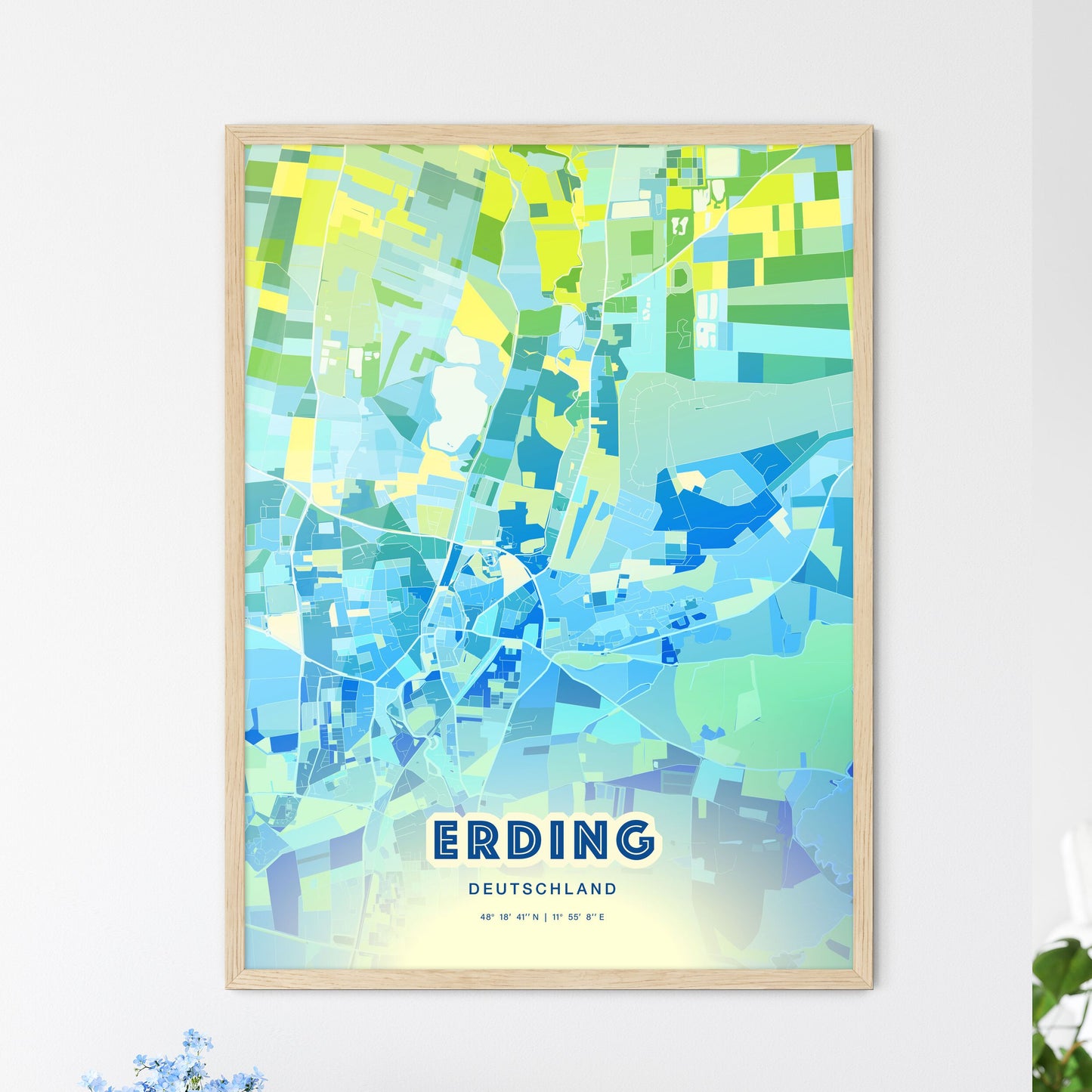 Colorful ERDING GERMANY Fine Art Map Cool Blue