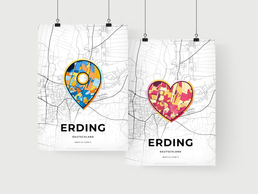 ERDING GERMANY minimal art map with a colorful icon. Where it all began, Couple map gift.