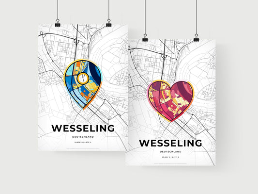 WESSELING GERMANY minimal art map with a colorful icon. Where it all began, Couple map gift.