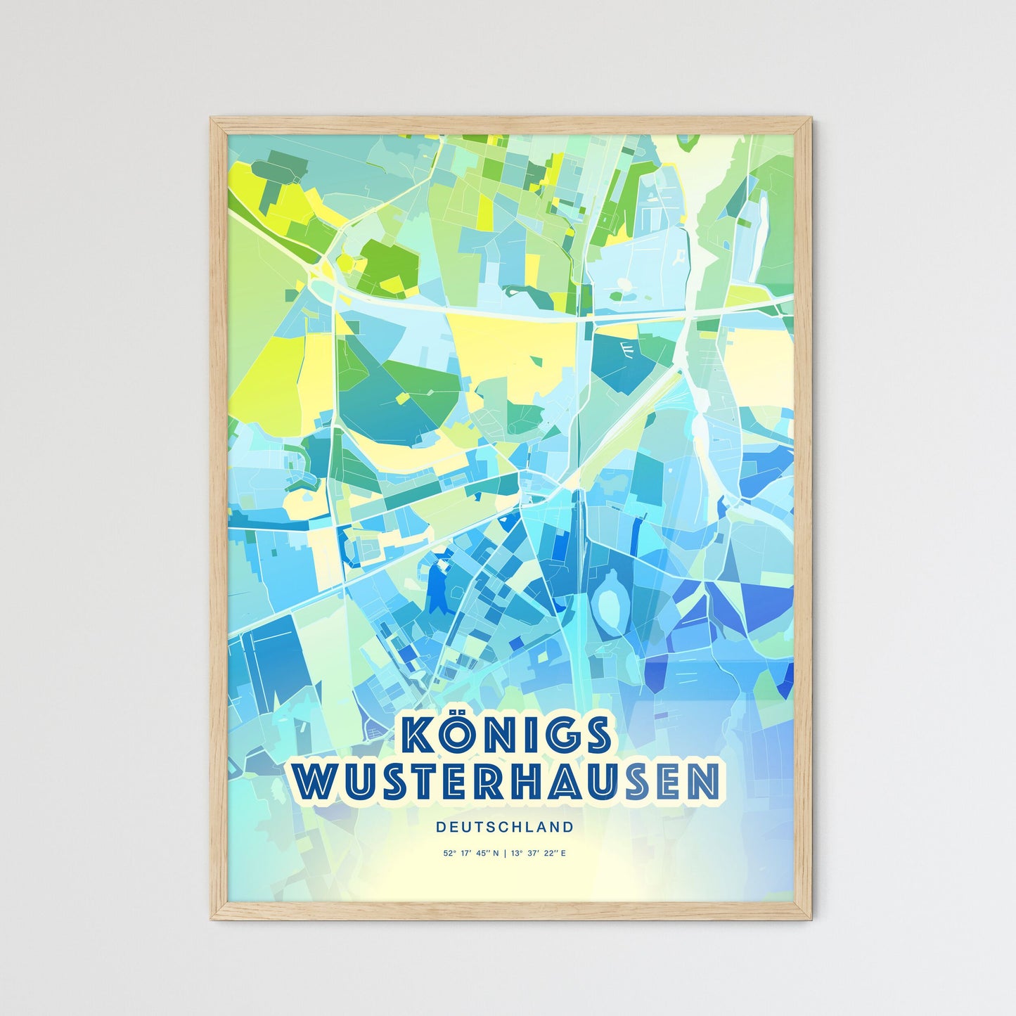 Colorful KONIGS WUSTERHAUSEN GERMANY Fine Art Map Cool Blue