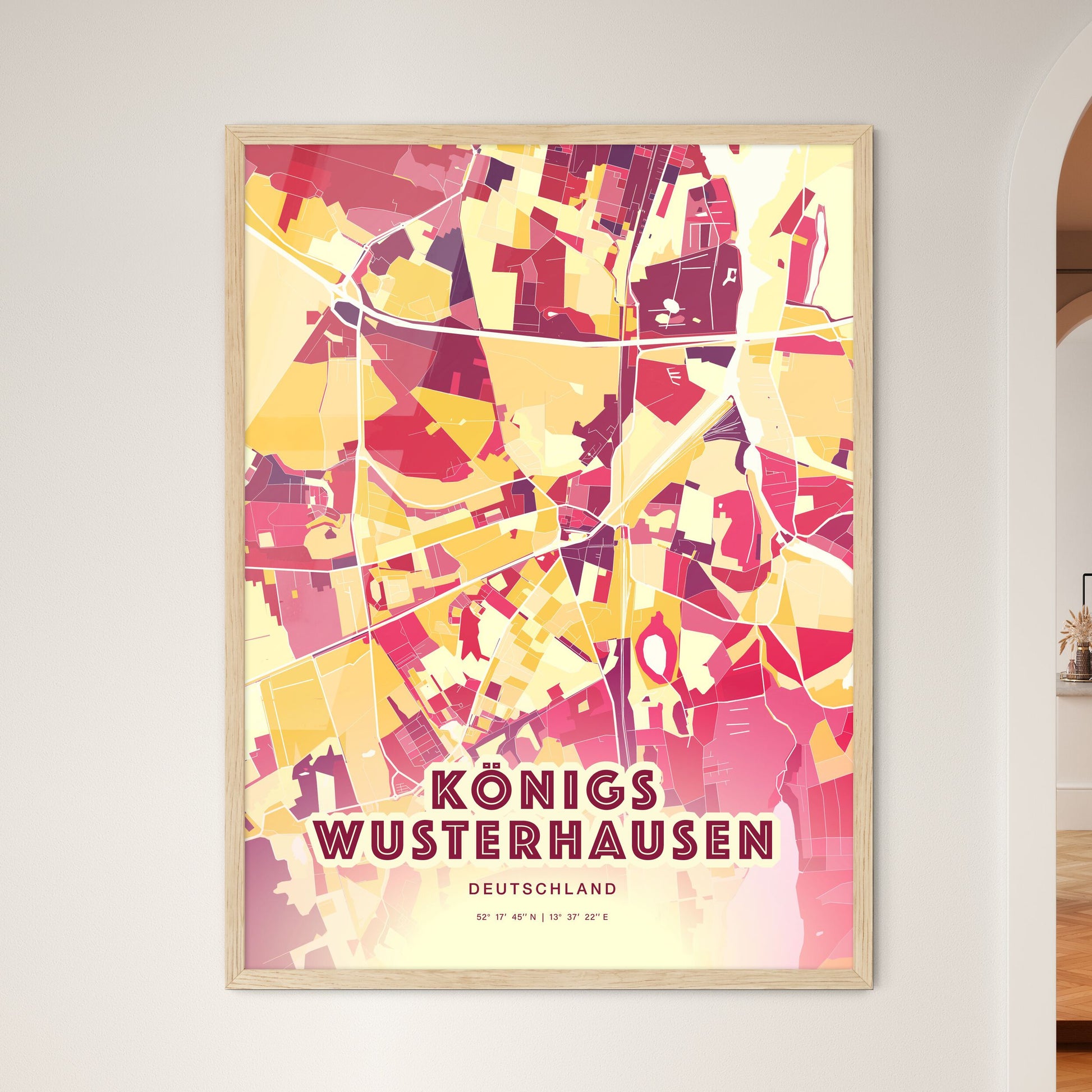 Colorful KONIGS WUSTERHAUSEN GERMANY Fine Art Map Hot Red